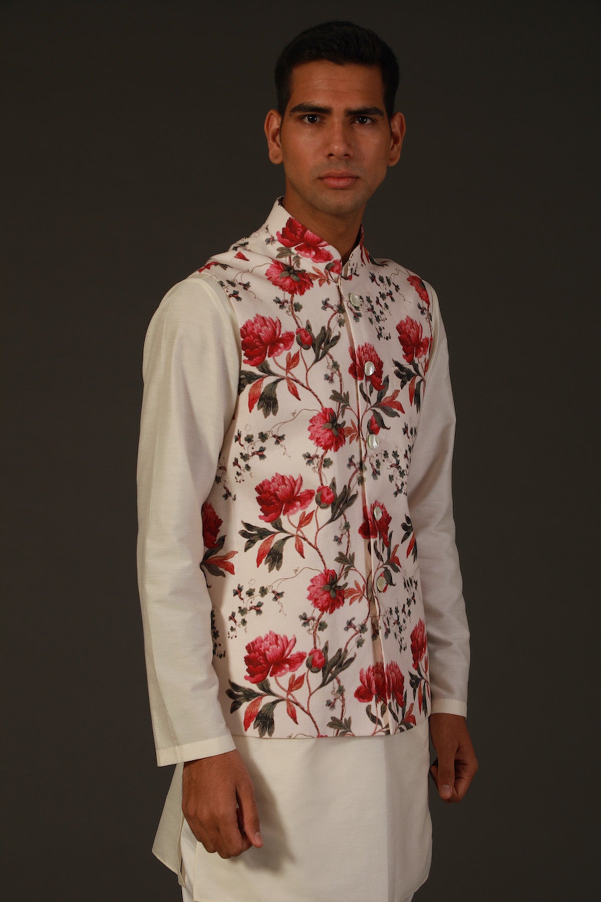 Ivory Linen Floral Printed Bundi