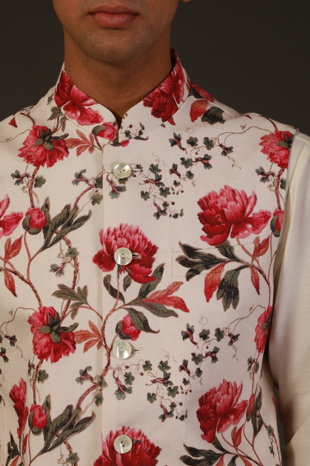 Ivory Linen Floral Printed Bundi