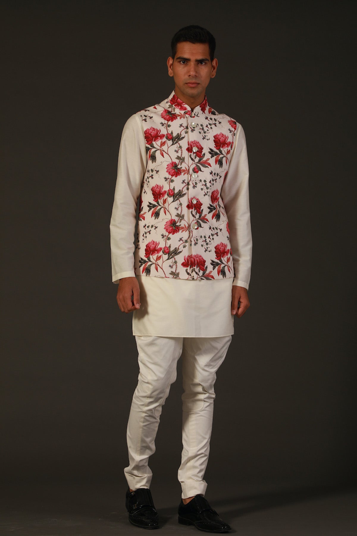 Ivory Linen Floral Printed Bundi