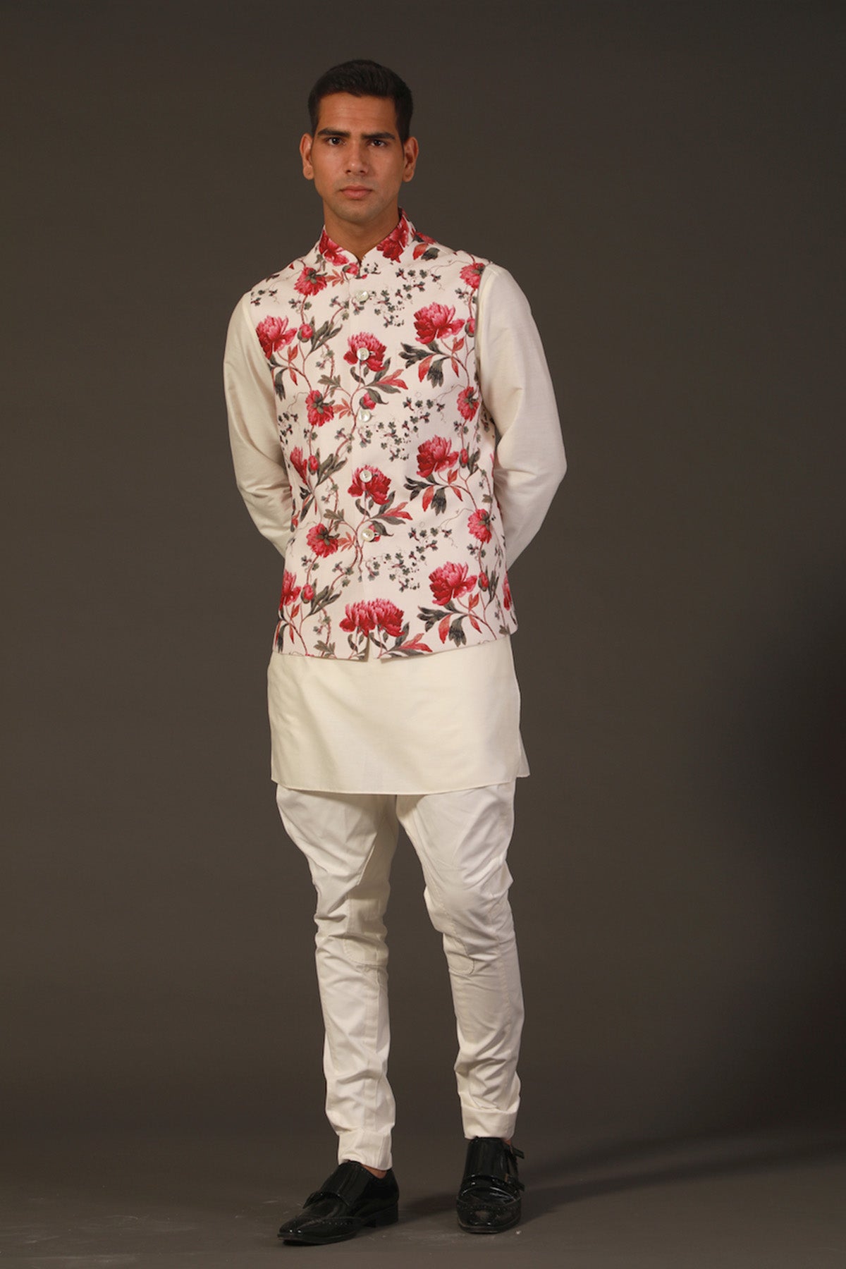 Ivory Linen Floral Printed Bundi