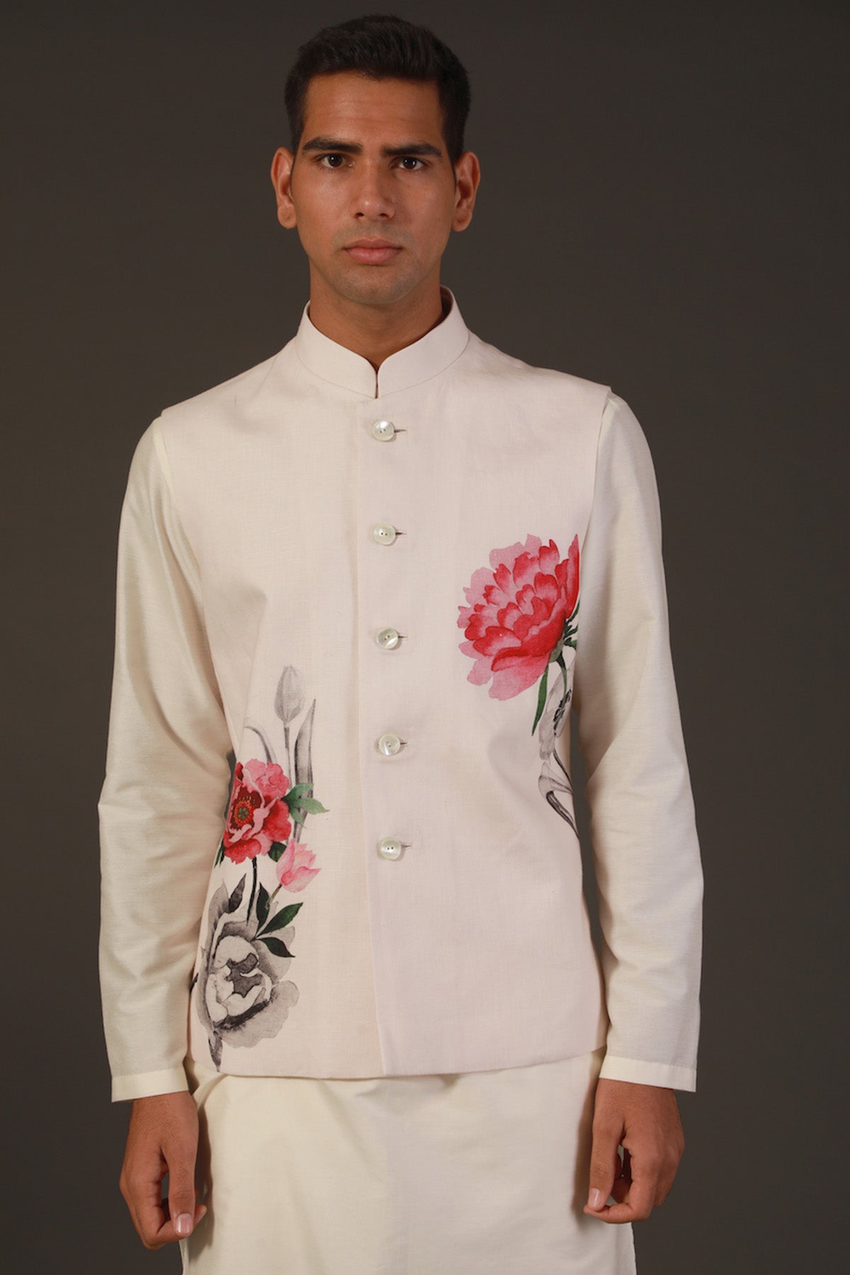 Ivory Linen Floral Printed Bundi