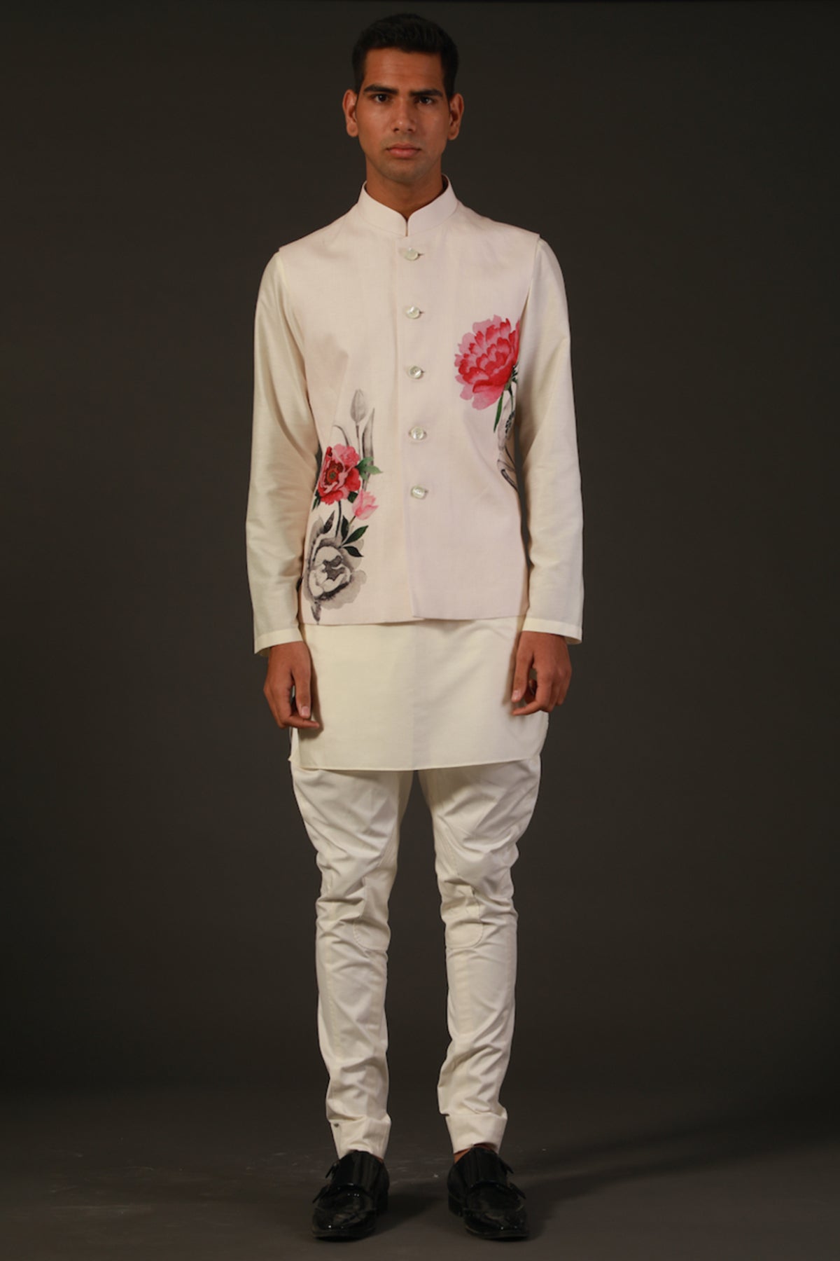 Ivory Linen Floral Printed Bundi
