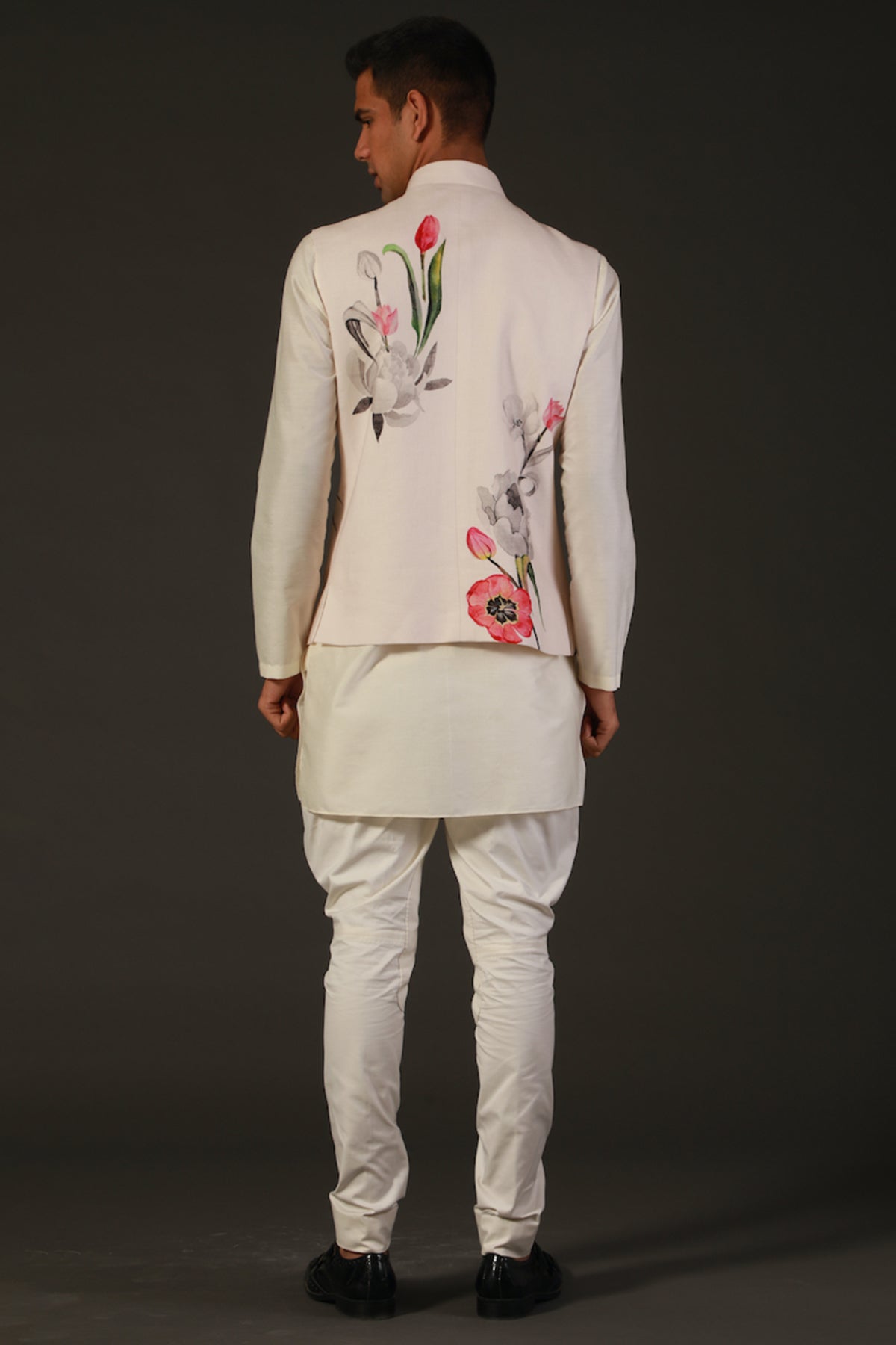 Ivory Linen Floral Printed Bundi
