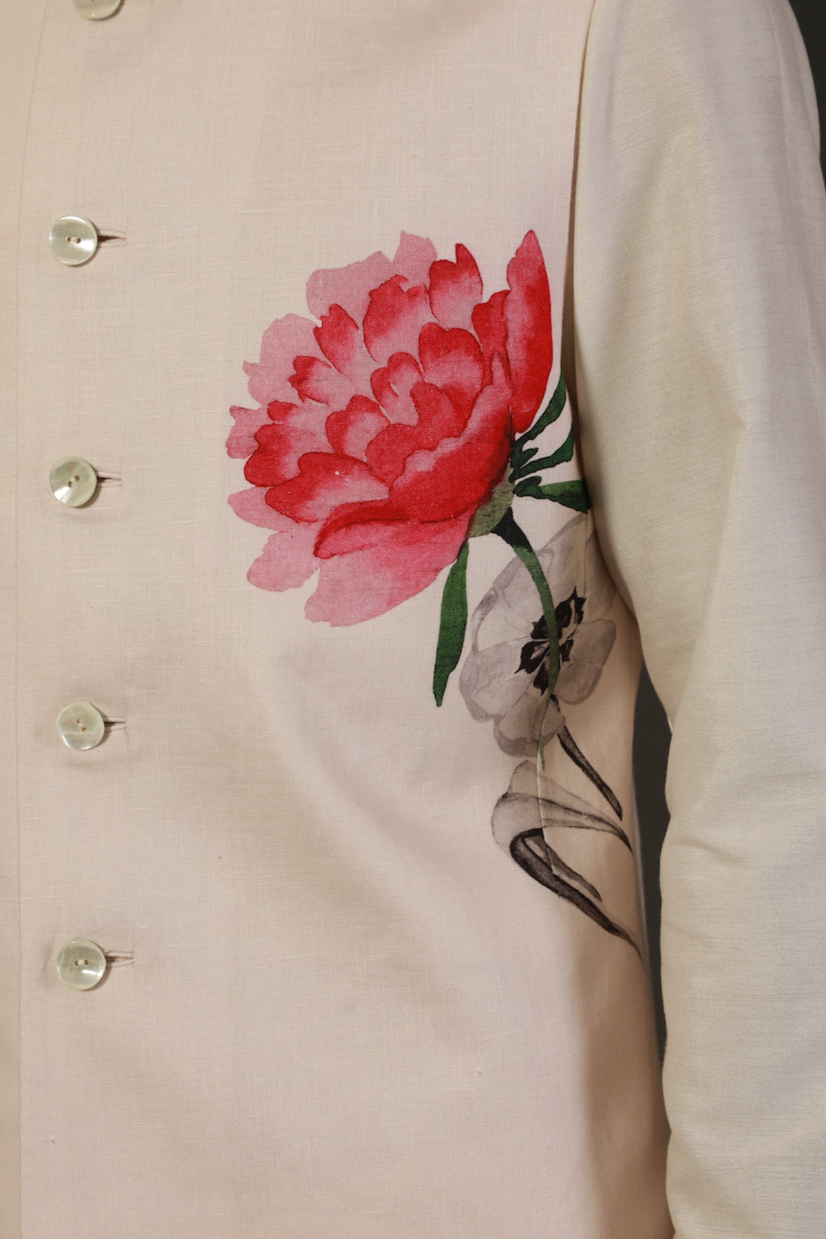 Ivory Linen Floral Printed Bundi
