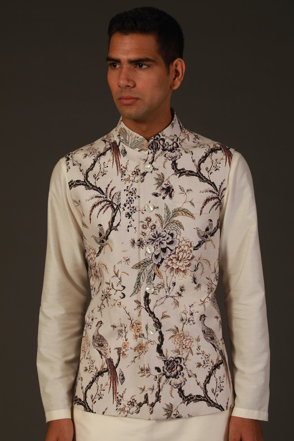 Ivory Linen Floral Printed Bundi