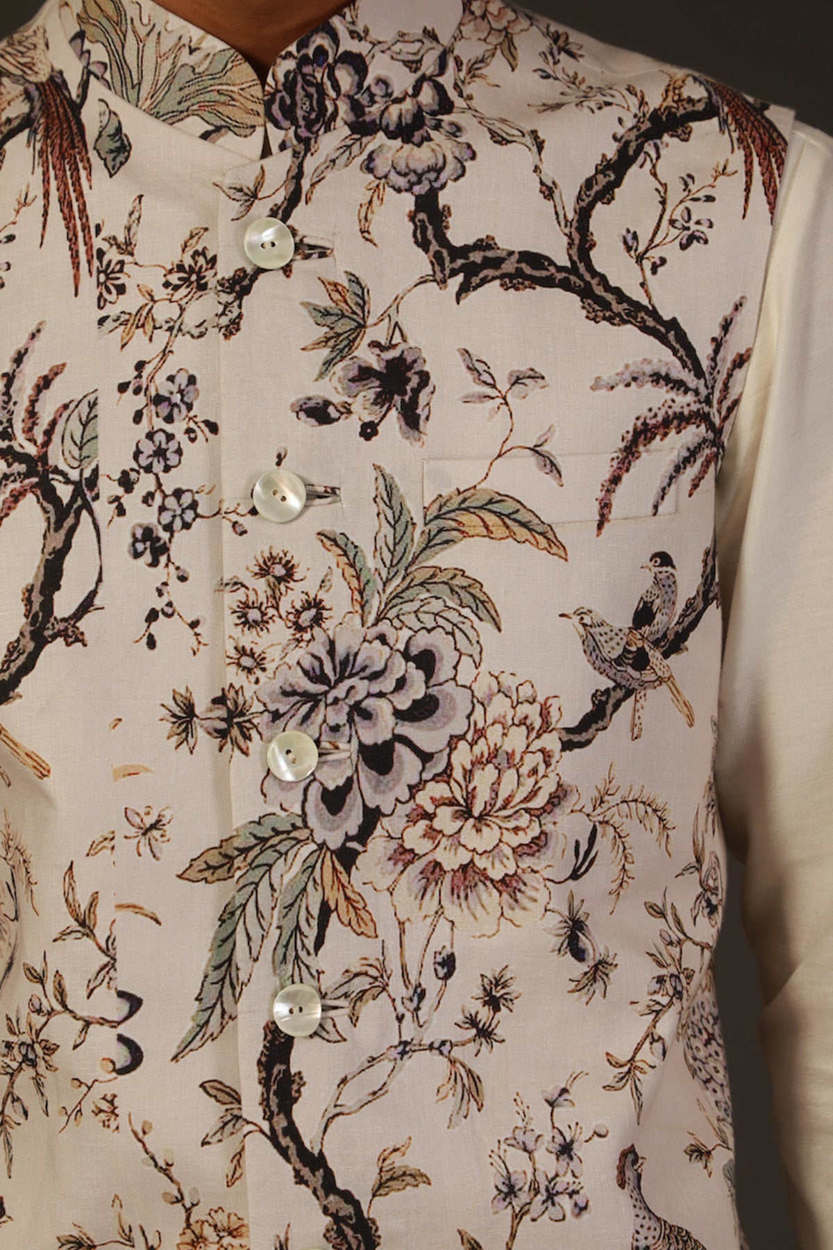 Ivory Linen Floral Printed Bundi