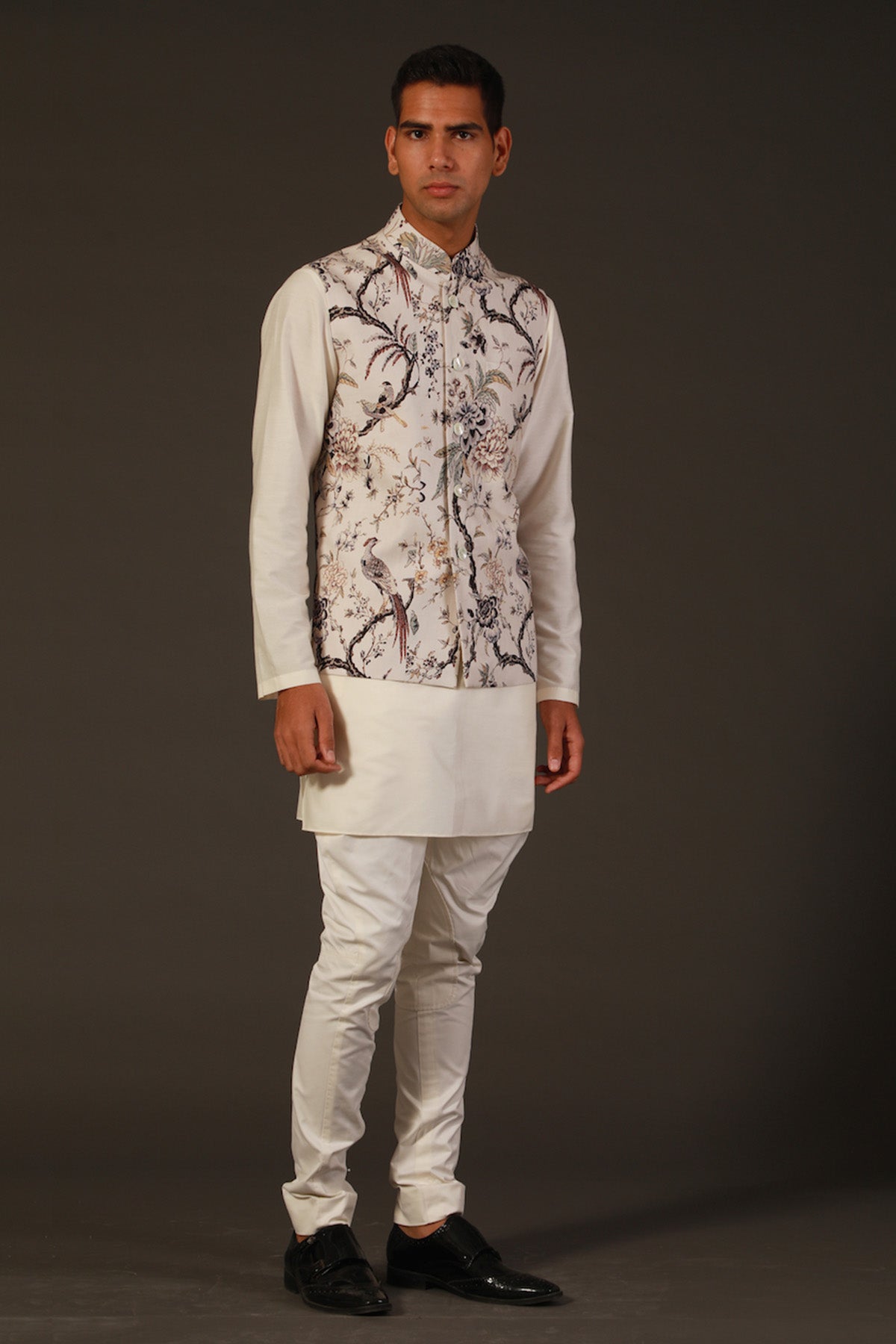 Ivory Linen Floral Printed Bundi