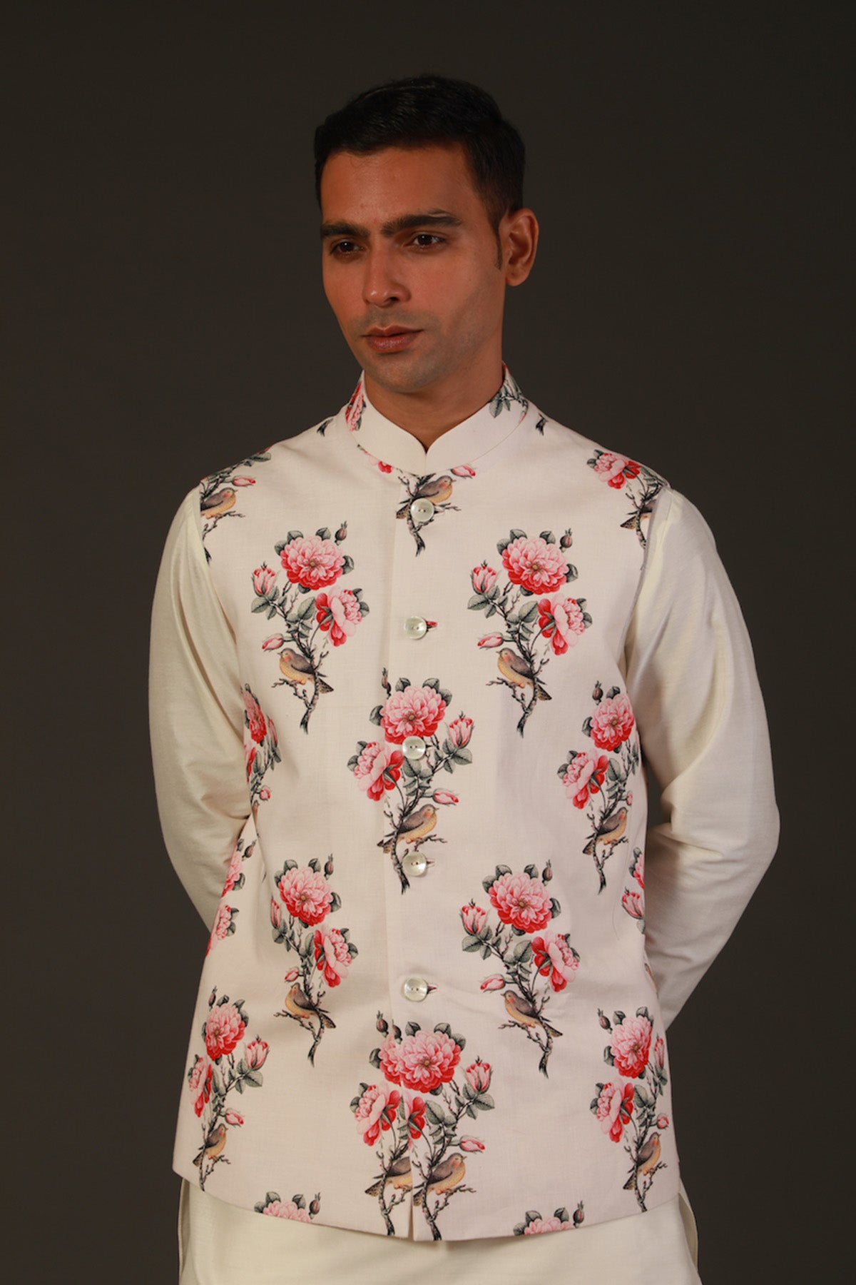 Ivory Linen Floral Printed Bundi