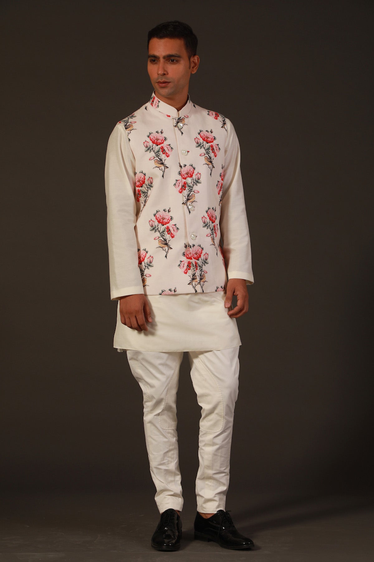 Ivory Linen Floral Printed Bundi
