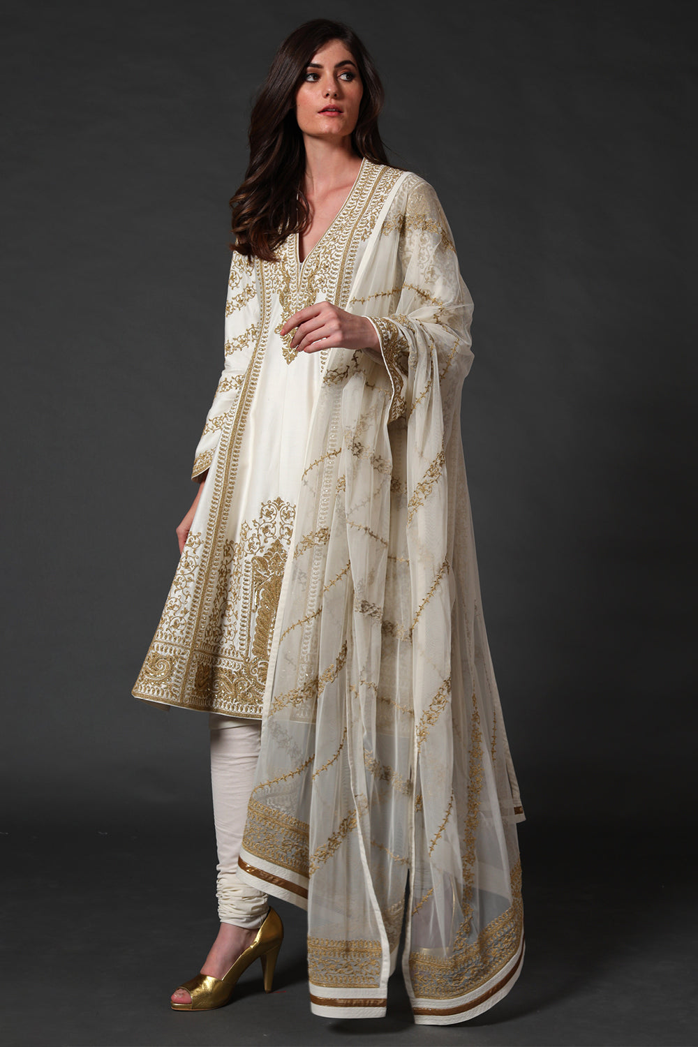 Ivory Chanderi Embroidered A-Line Kurta Set