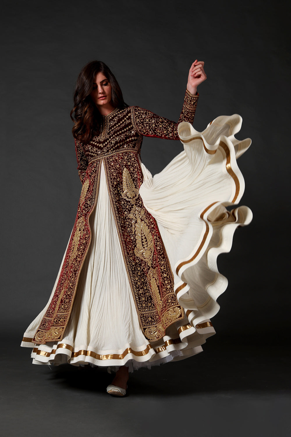 Embroidery Slit Anarkali Set Attached With Crinkled Ghera