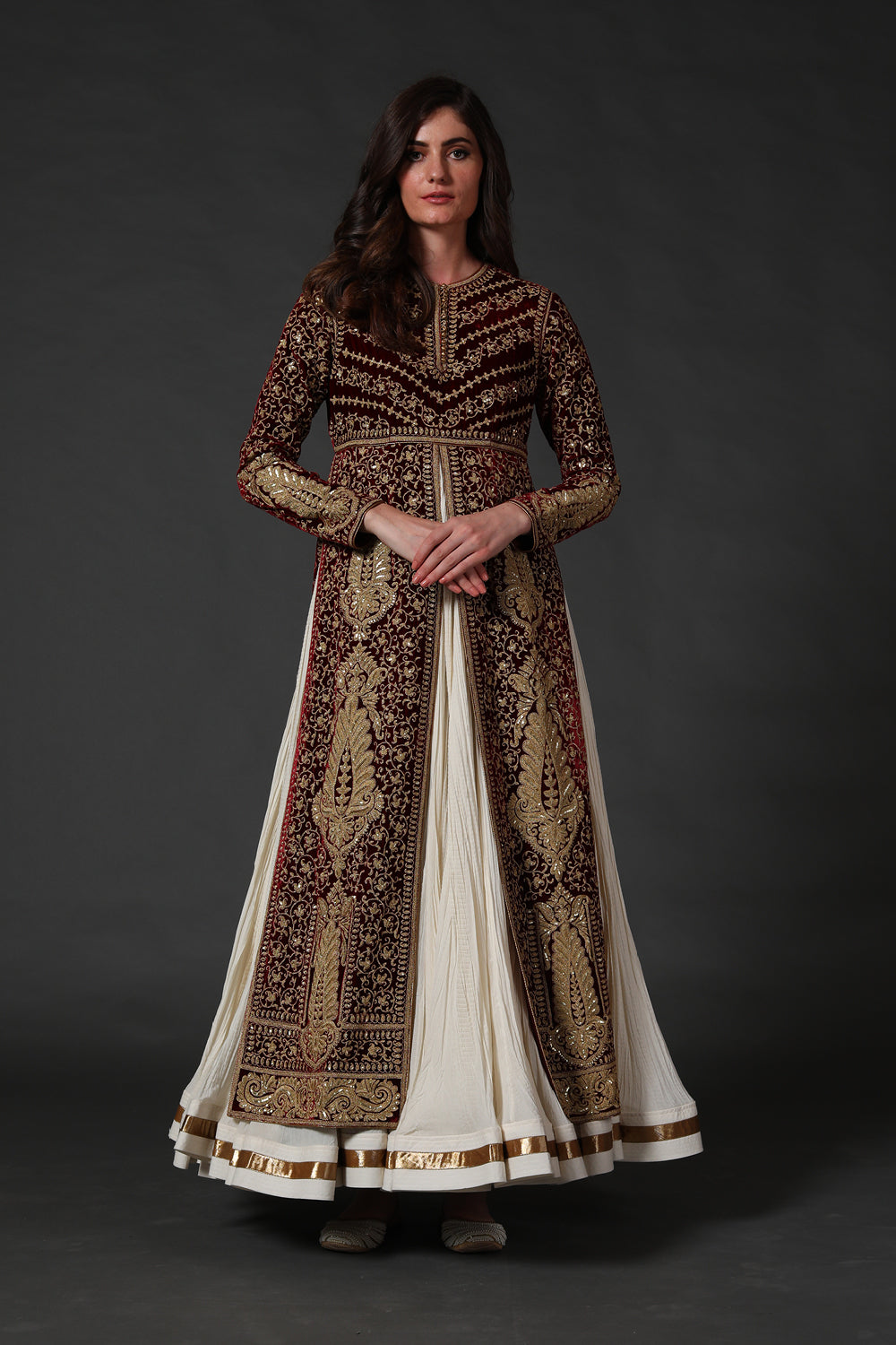 Embroidery Slit Anarkali Set Attached With Crinkled Ghera