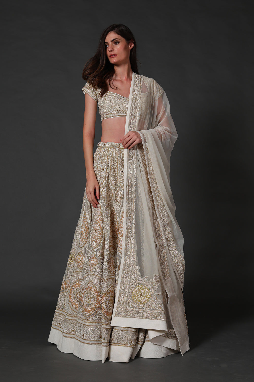 Ivory Chanderi Lehenga Set With Embroidery