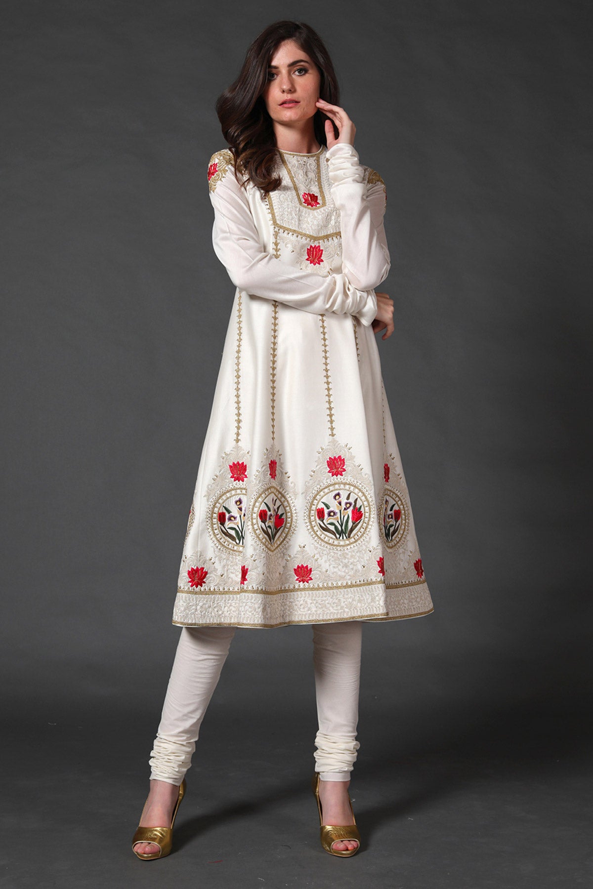 Ivory Chanderi Embroidered A-Line Kurta Set