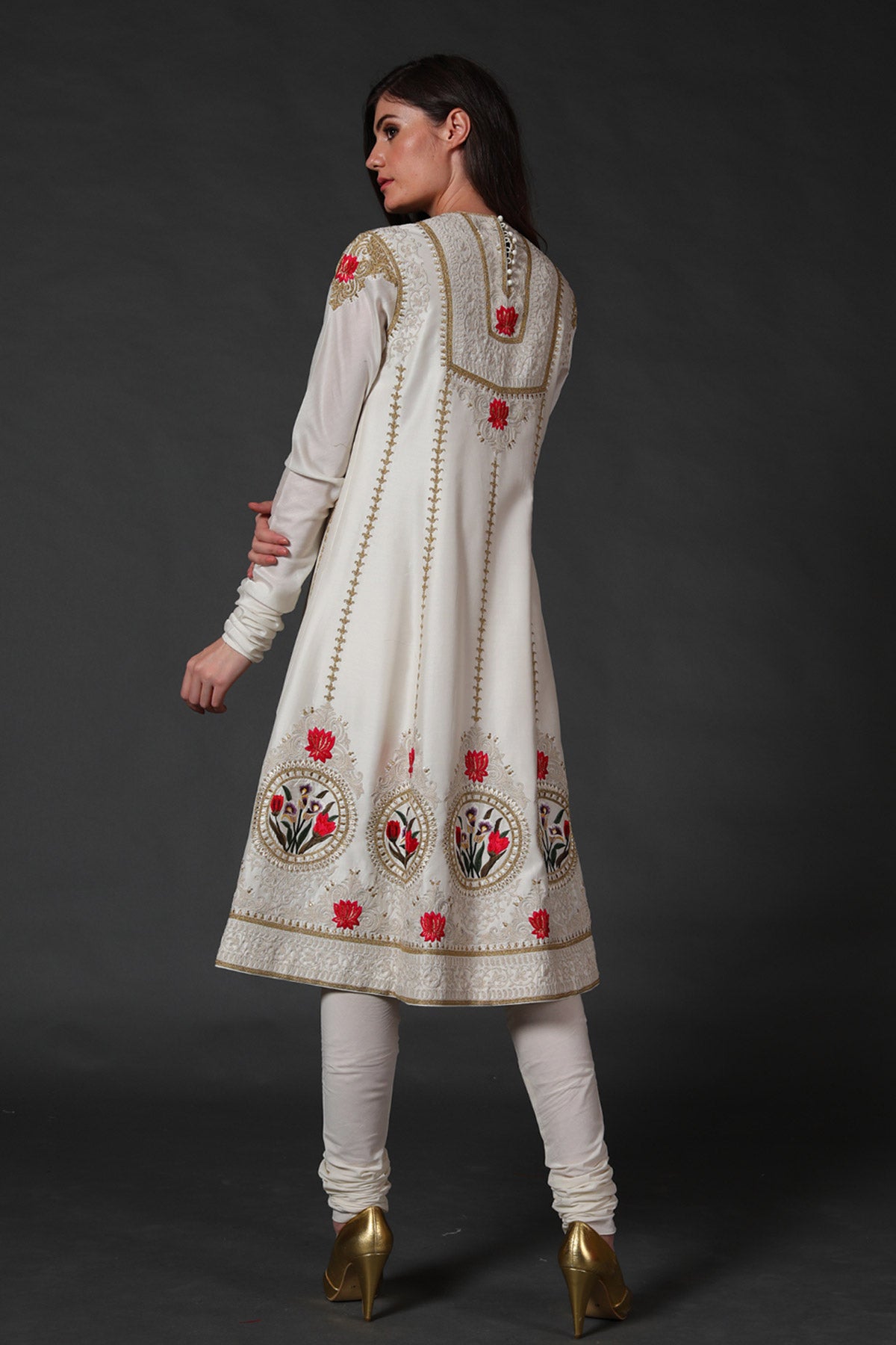 Ivory Chanderi Embroidered A-Line Kurta Set