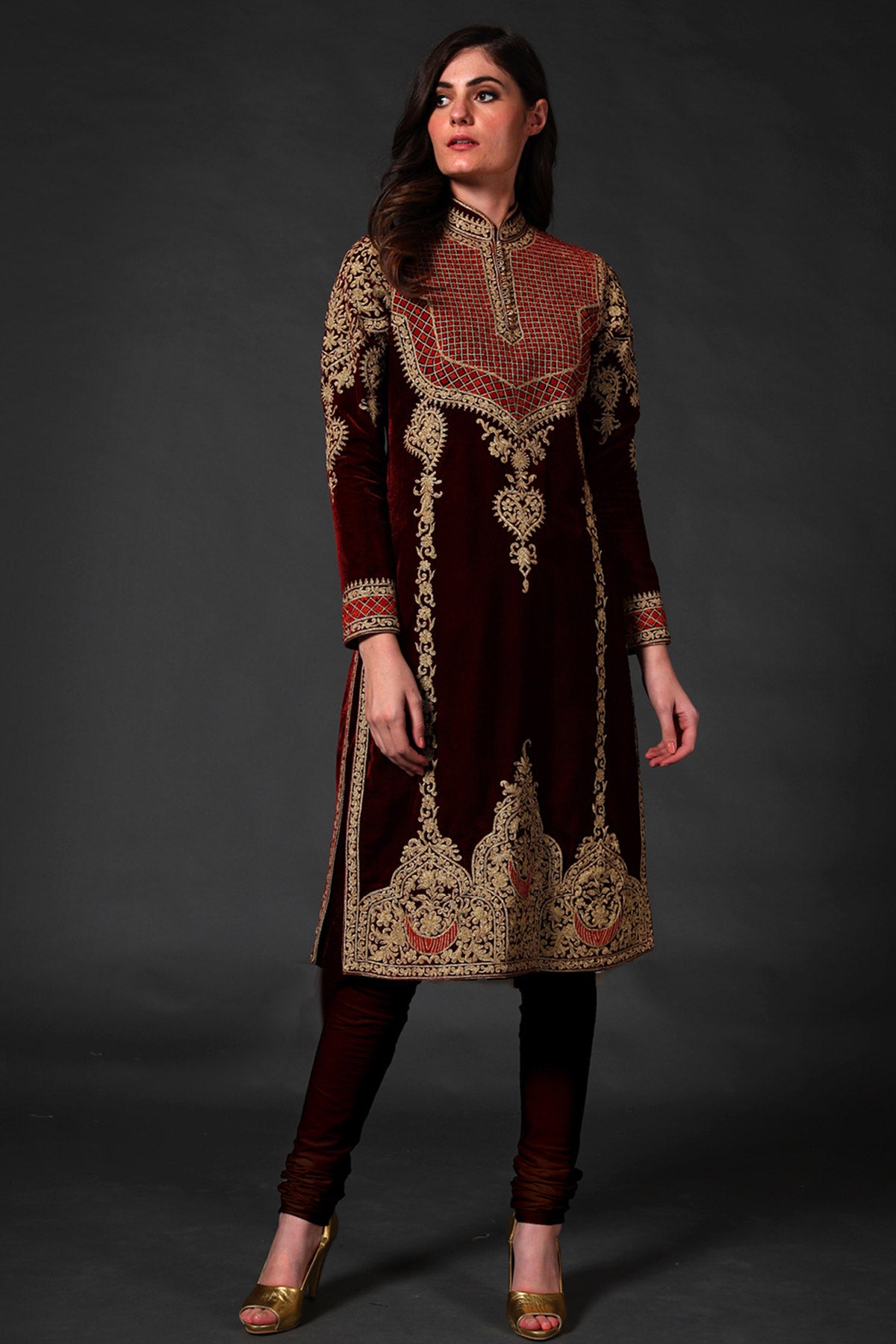 Wine Velvet Silk Embroidered Kurta Set