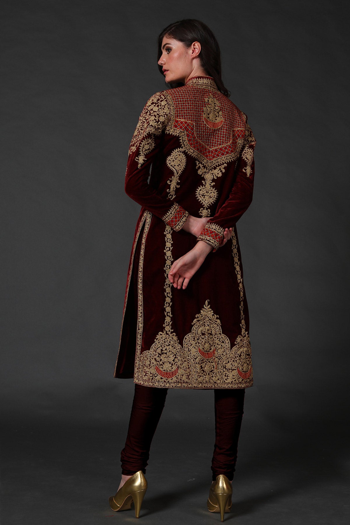 Wine Velvet Silk Embroidered Kurta Set
