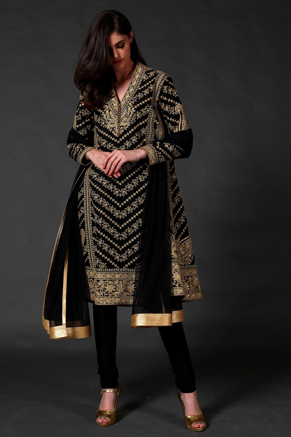 Black Chanderi Embroidered A-Line Kurta Set