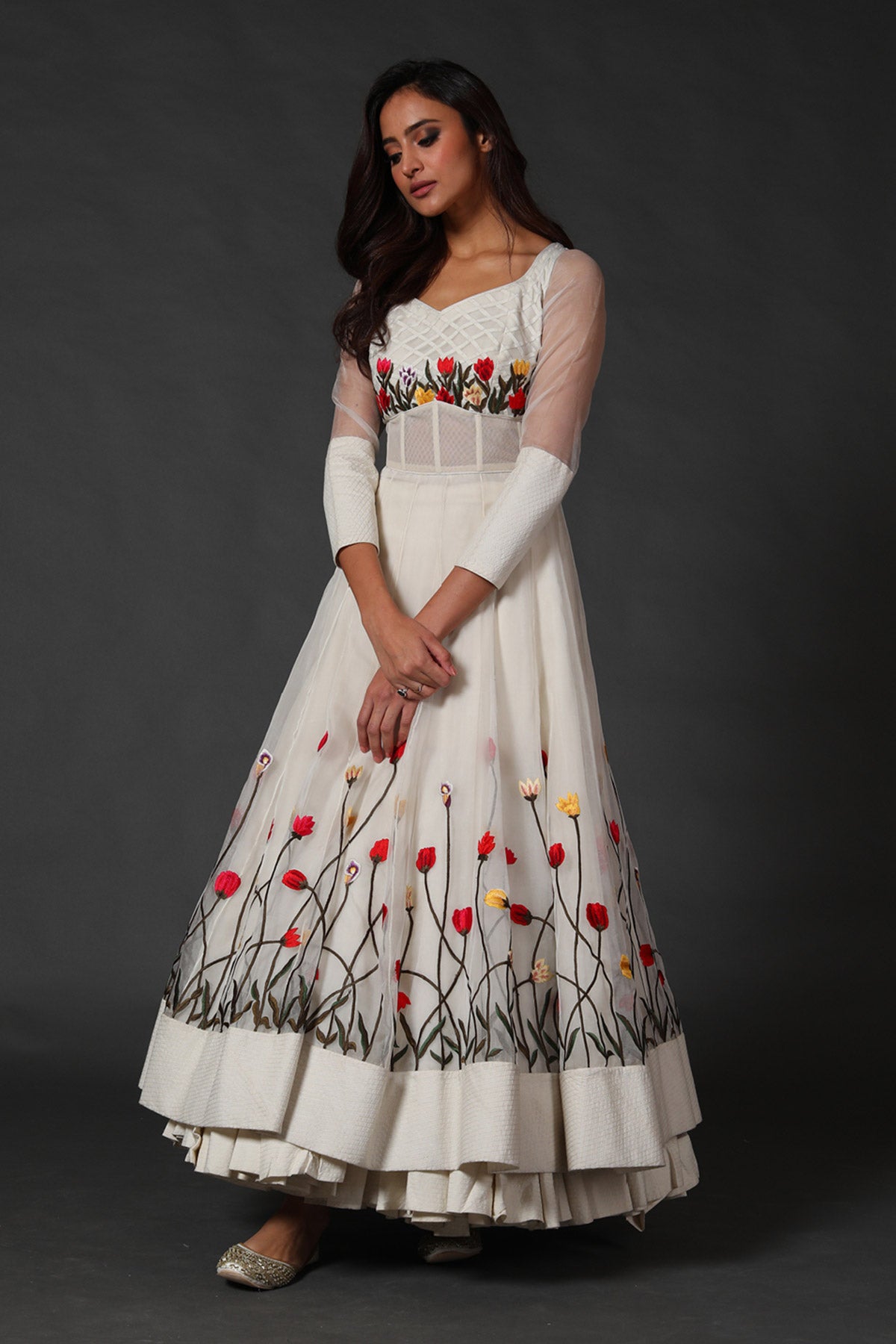 Organza Anarkali Set With Floral Embroidery