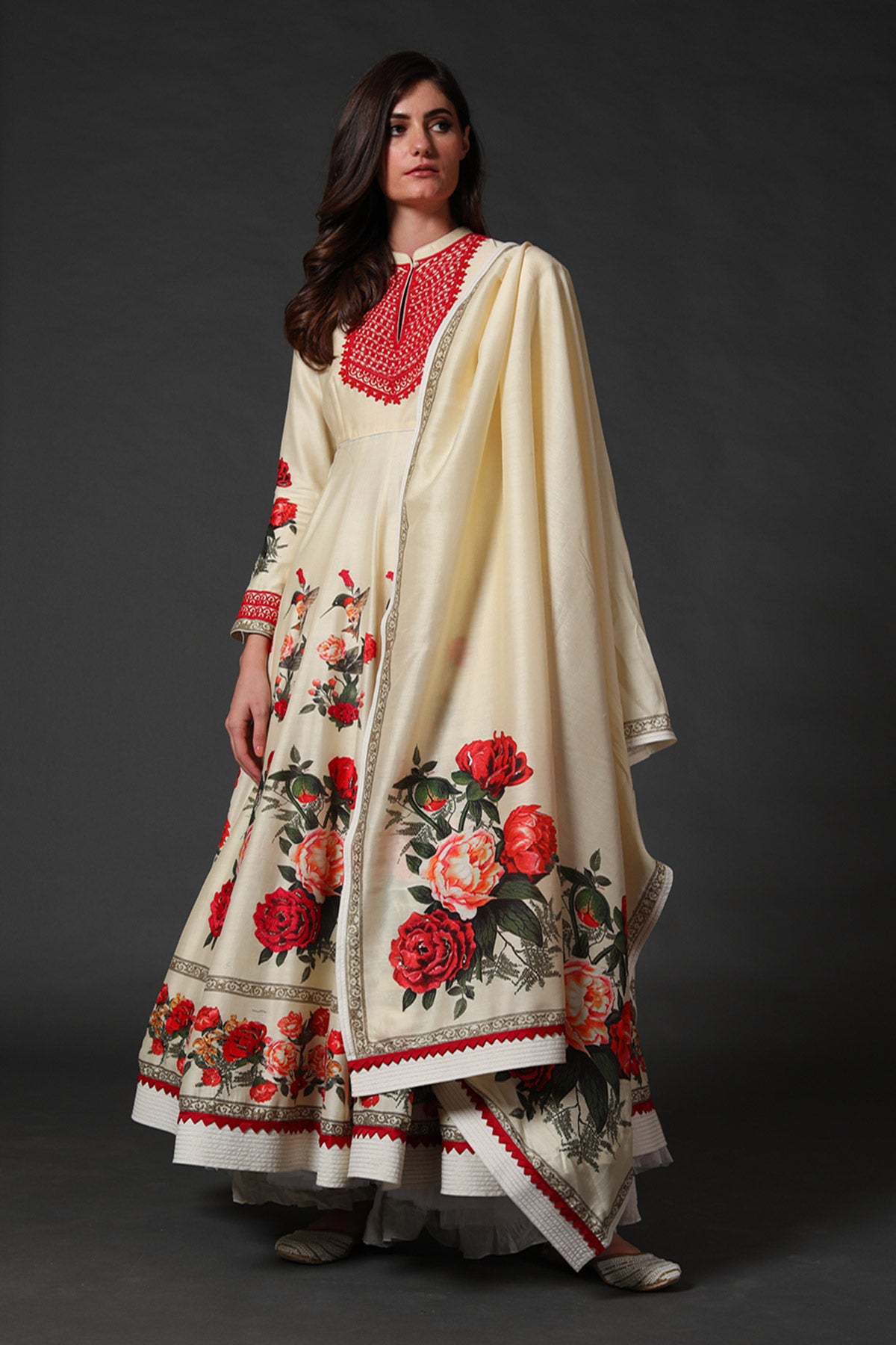 Ivory Anarkali Set With Digital Print & Neck Embroidery