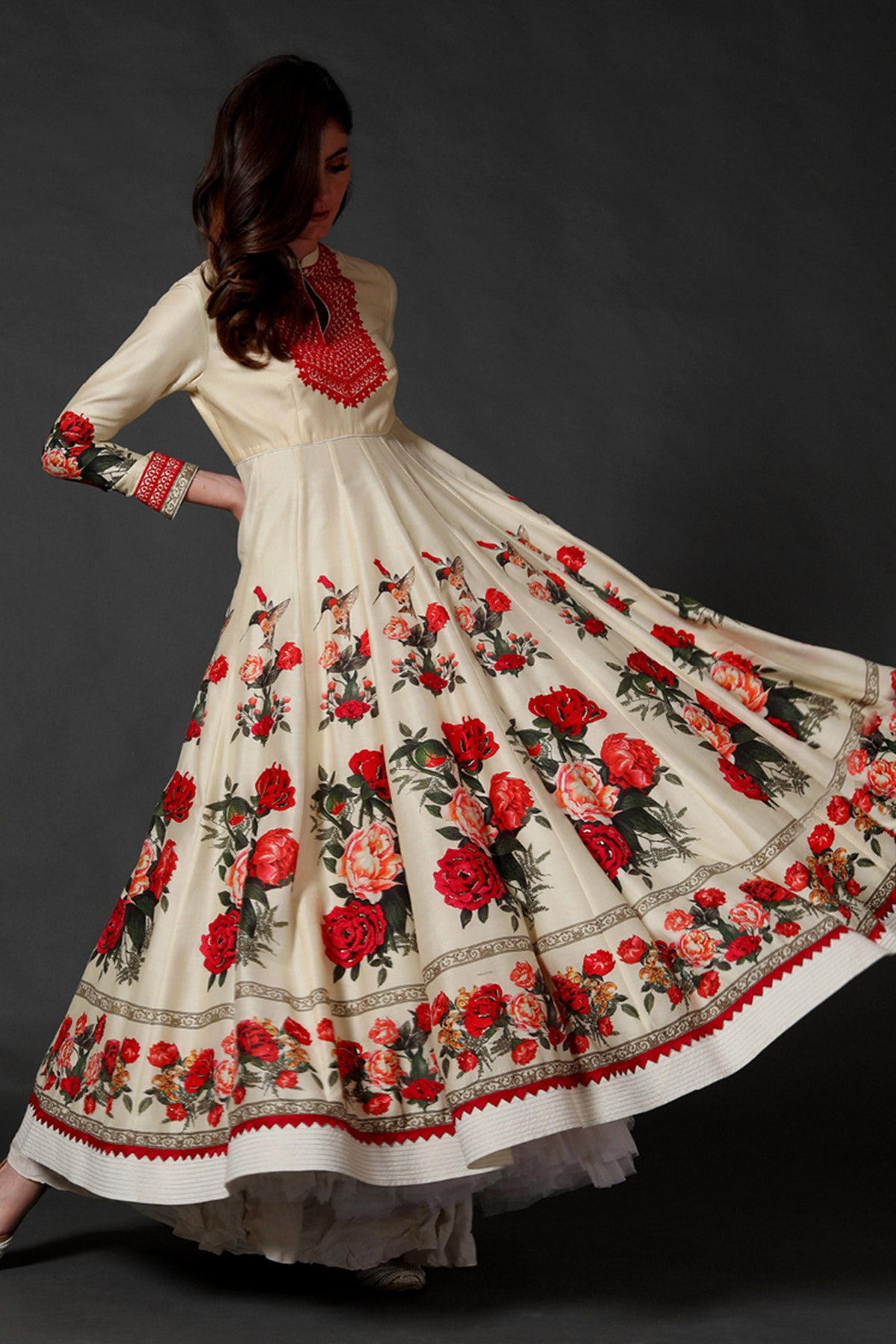 Ivory Anarkali Set With Digital Print & Neck Embroidery