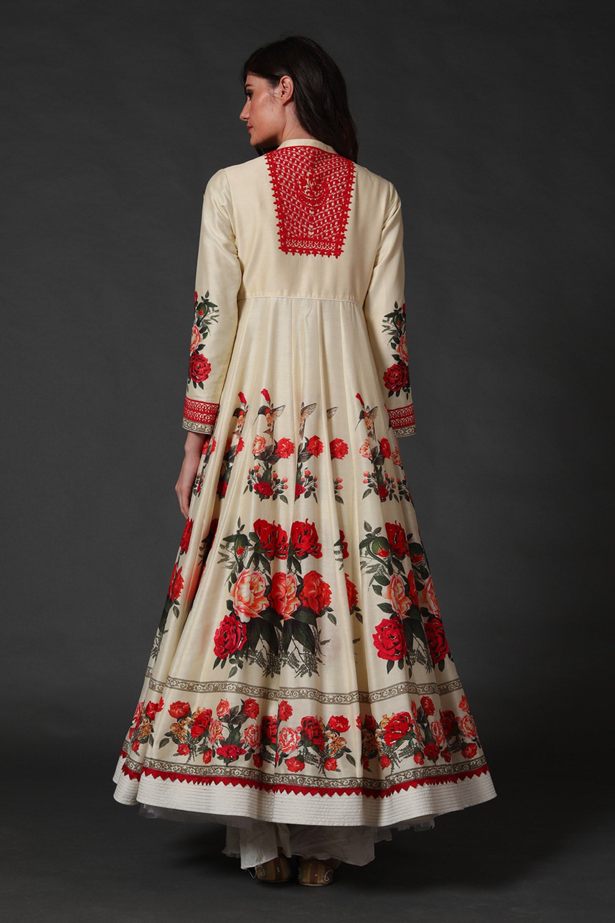 Ivory Anarkali Set With Digital Print & Neck Embroidery