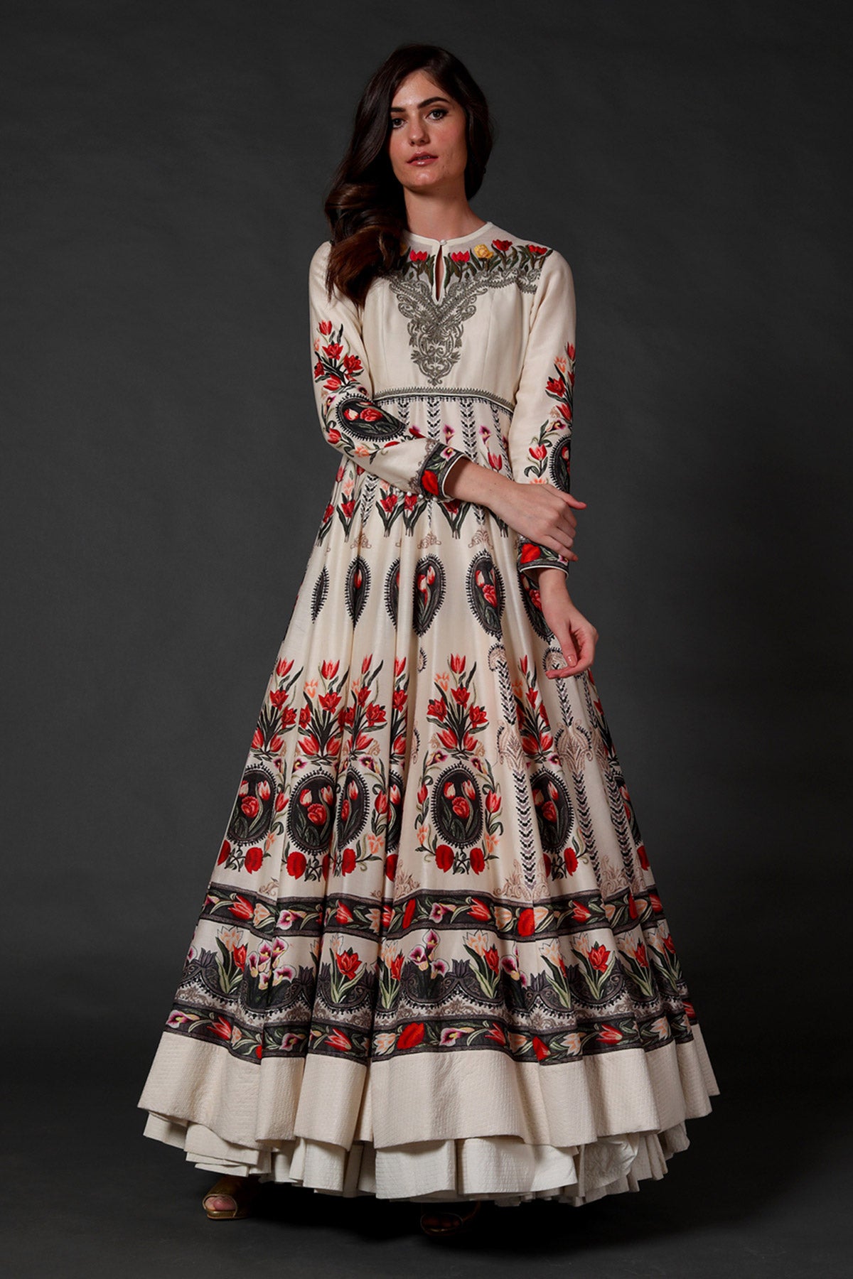 Ivory Anarkali Set With Digital Print & Neck Embroidery