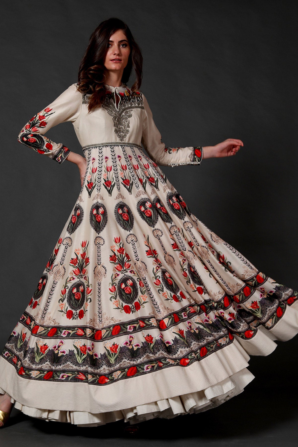 Ivory Anarkali Set With Digital Print & Neck Embroidery