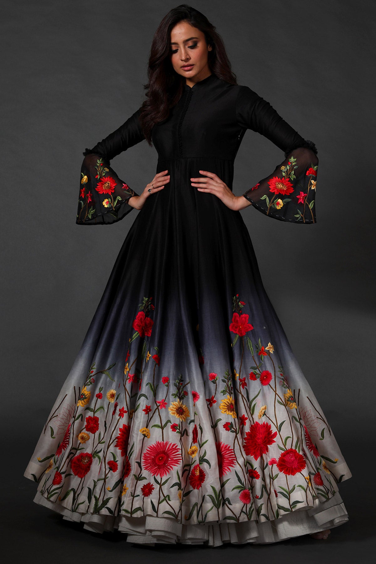Black Digital Print Anarkali Set With Embroidery