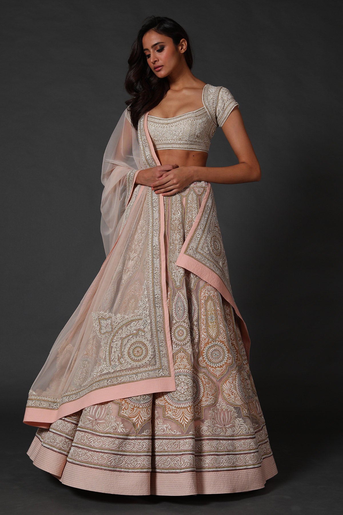 Embroidered Chanderi Lehenga Set With Net Dupatta