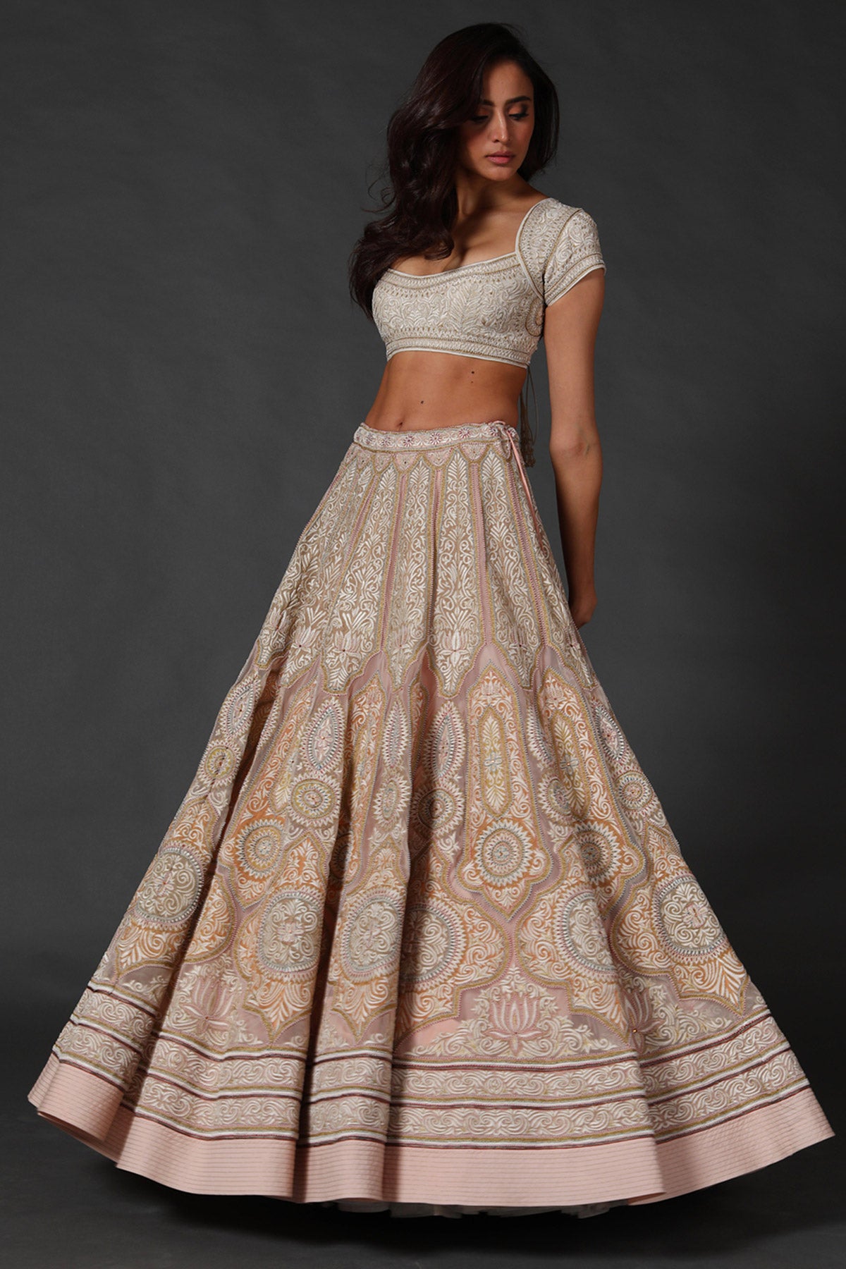 Embroidered Chanderi Lehenga Set With Net Dupatta