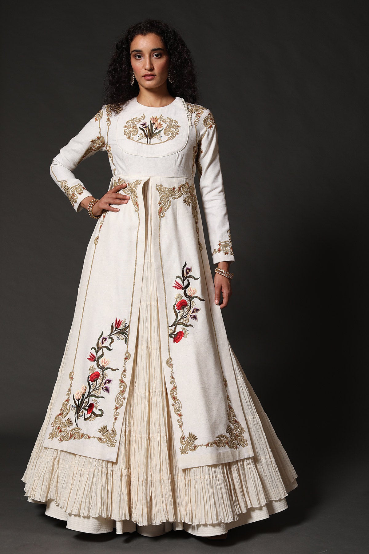 Embroidery Slit Anarkali Set Attached With Crinkled Ghera