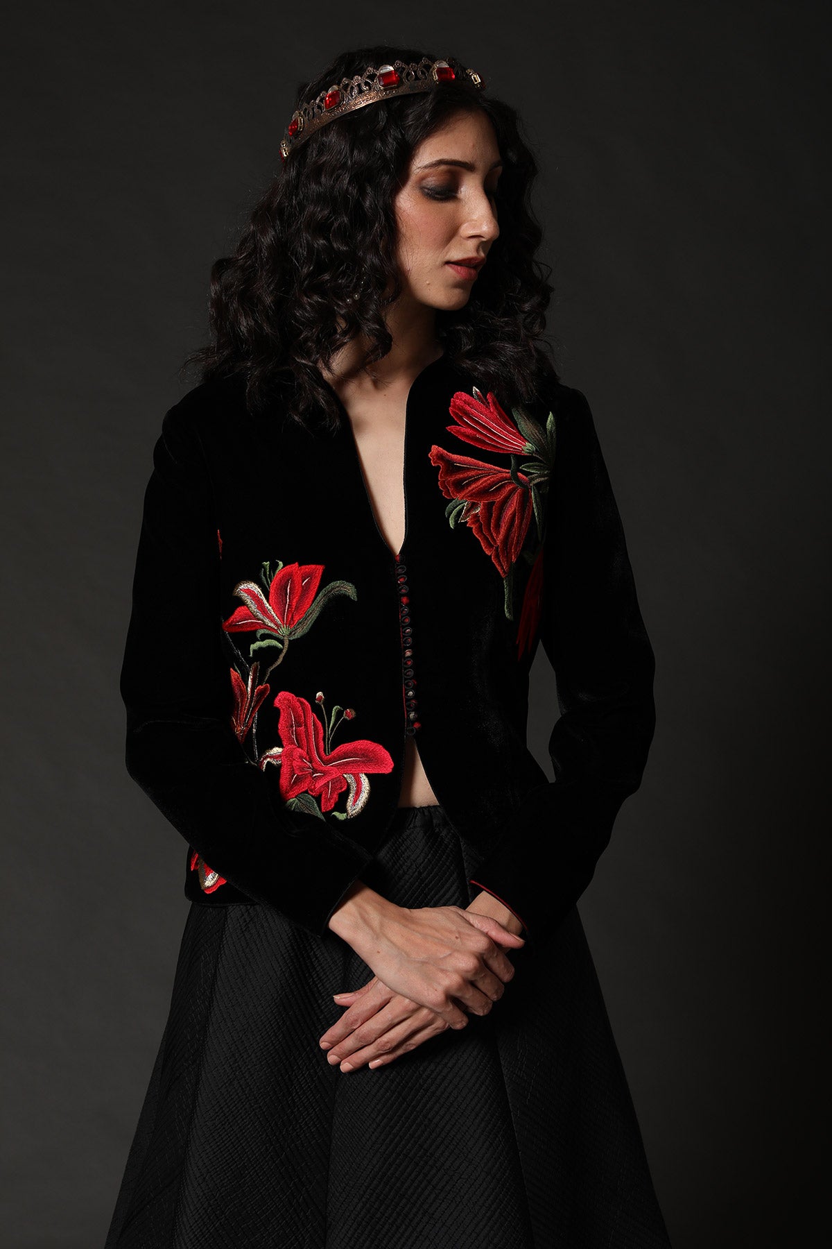 Black Velvet Short Jacket With Embroidery