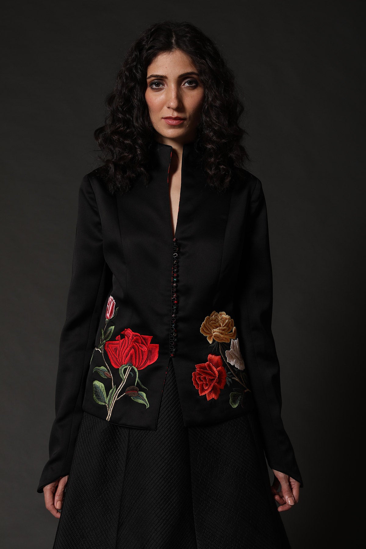 Black Satin Silk Short Jacket With Embroidery