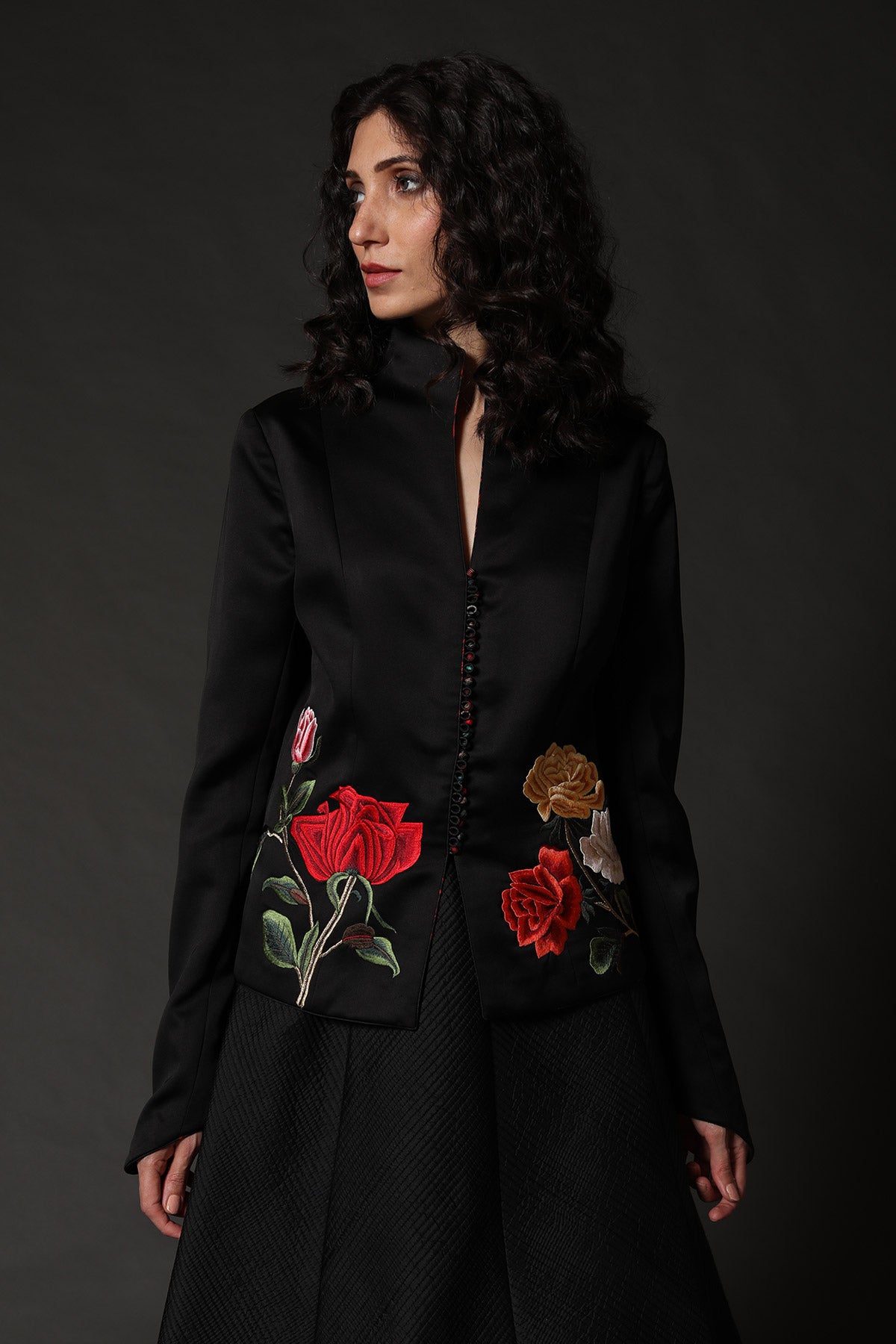 Black Satin Silk Short Jacket With Embroidery