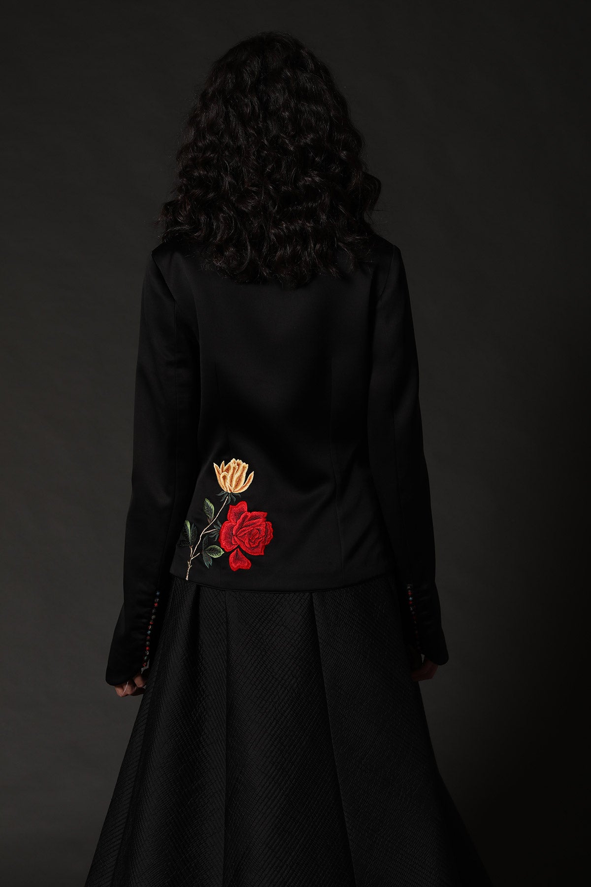 Black Satin Silk Short Jacket With Embroidery