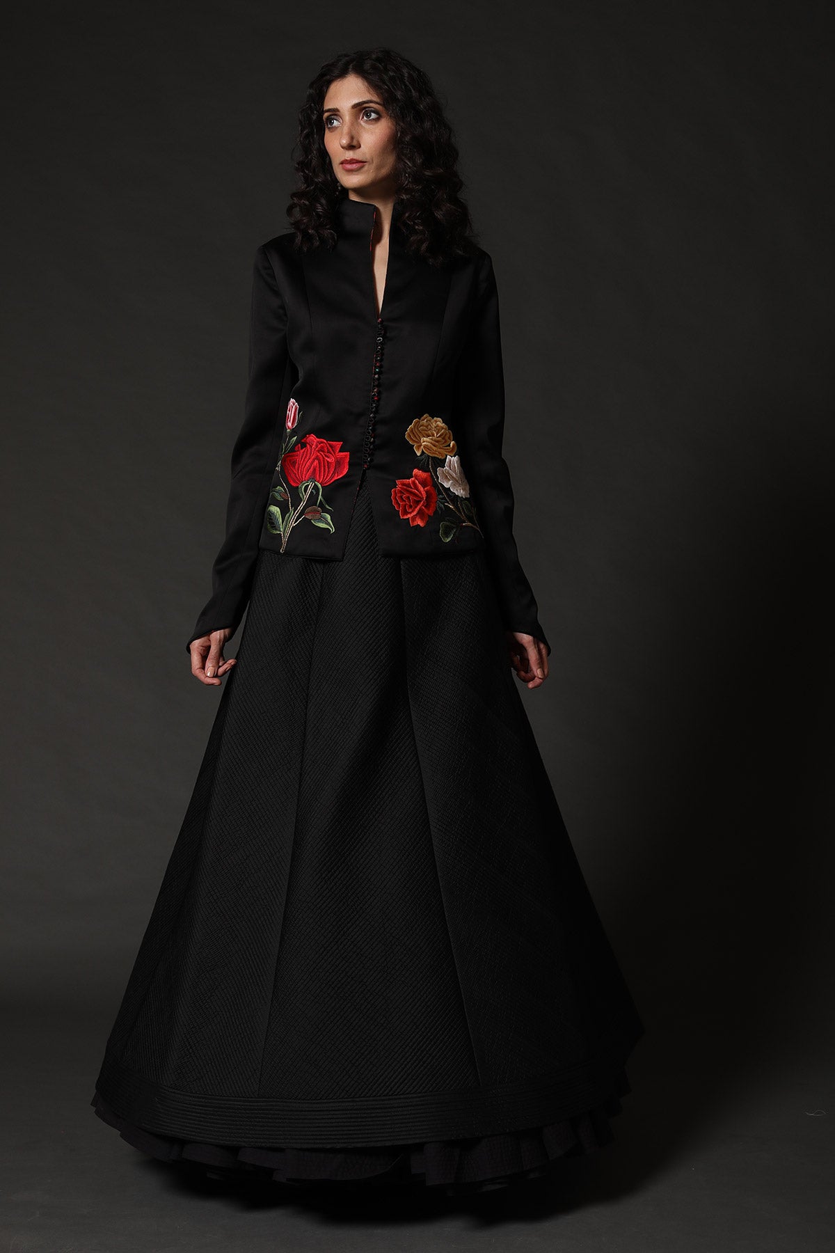 Black Satin Silk Short Jacket With Embroidery