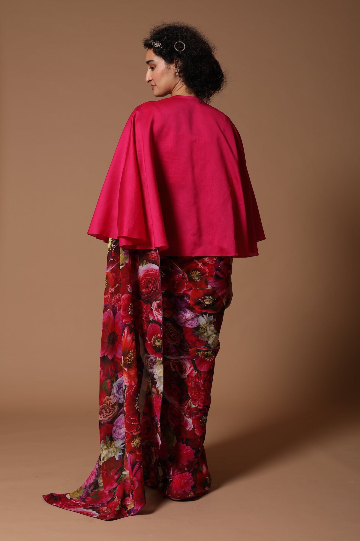 Chiffon Floral Printed Jacket Saree With Cape