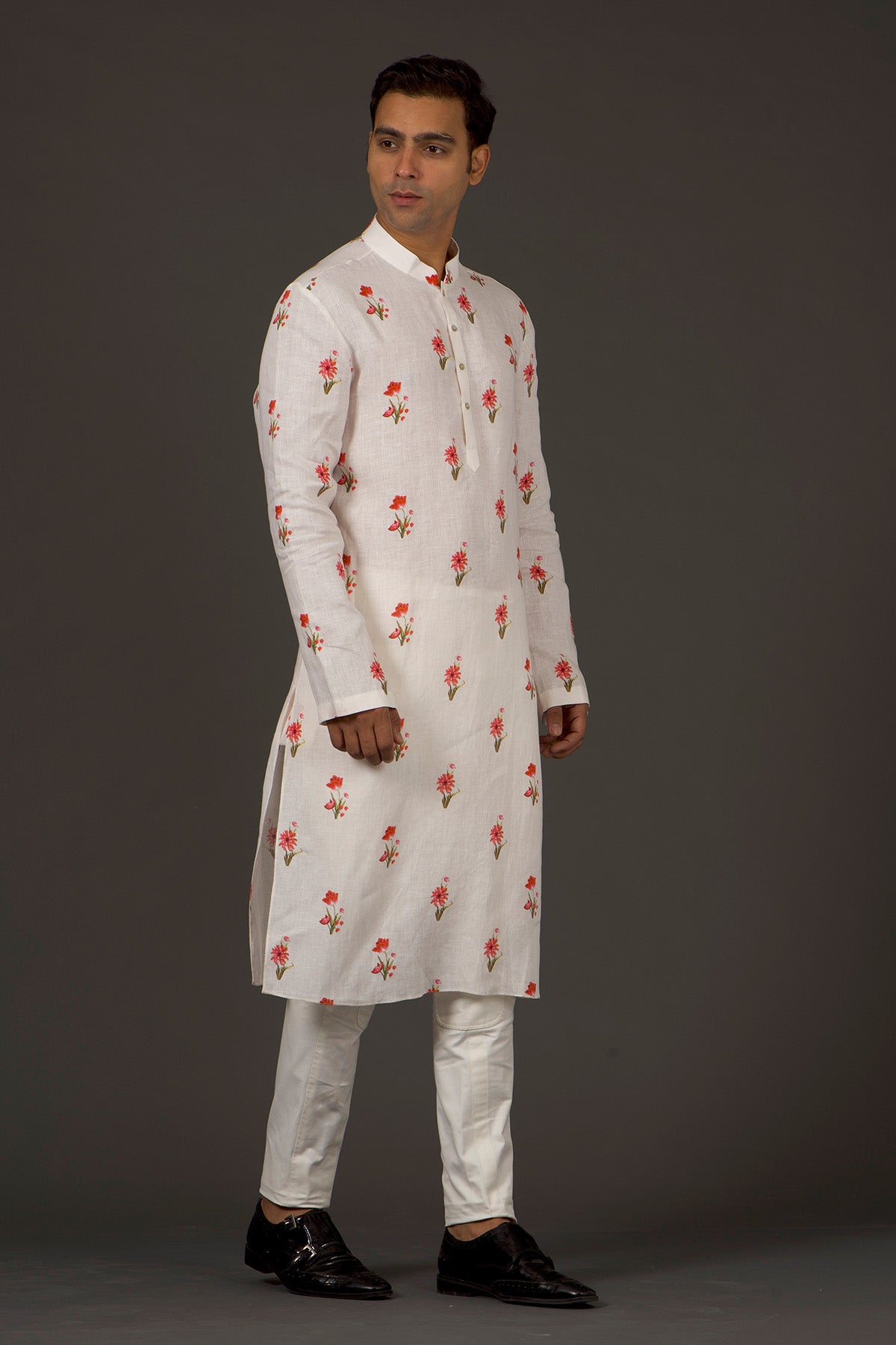 Men's Ivory Linen Printed Kurta Set