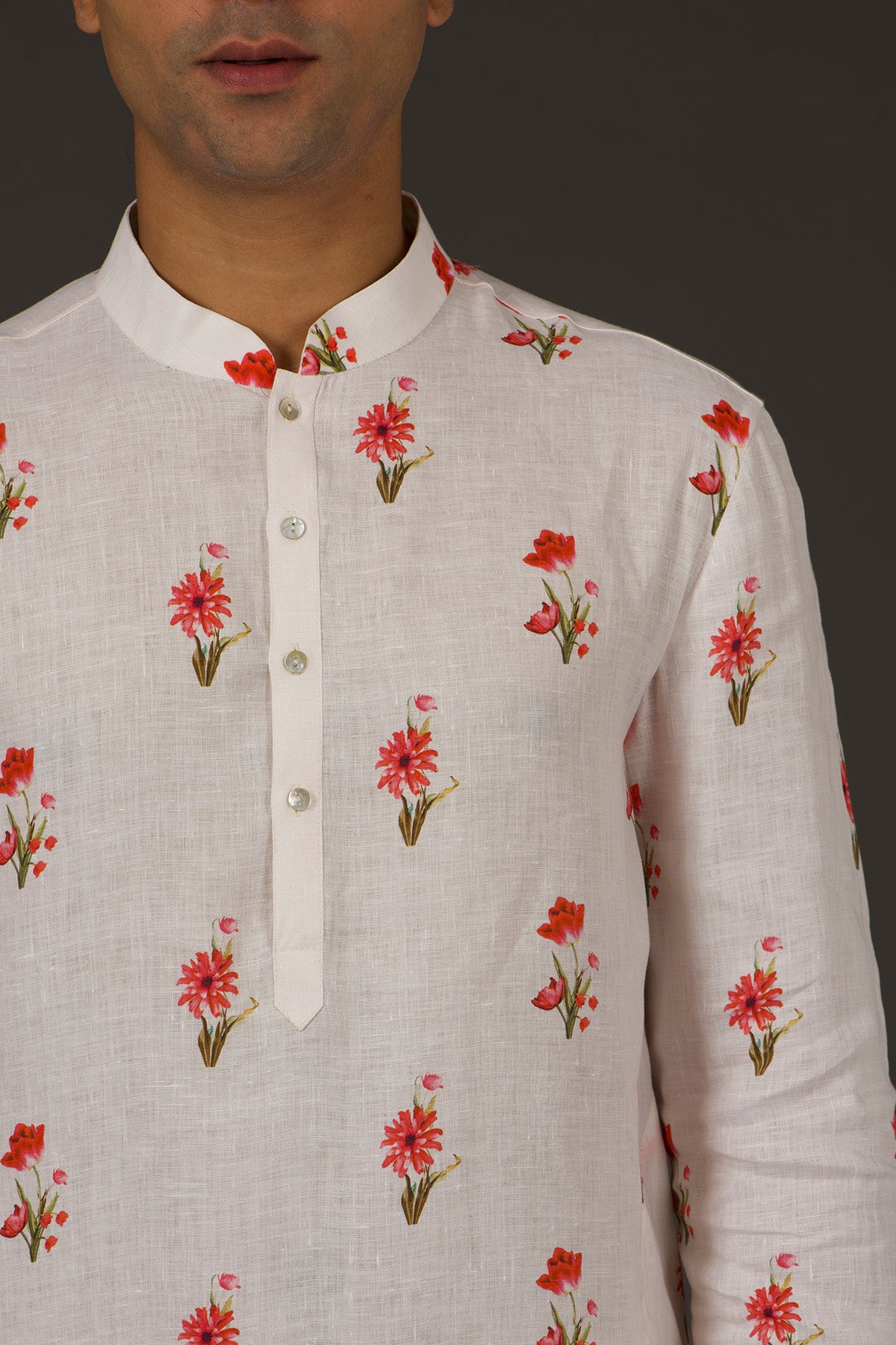 Men's Ivory Linen Printed Kurta Set