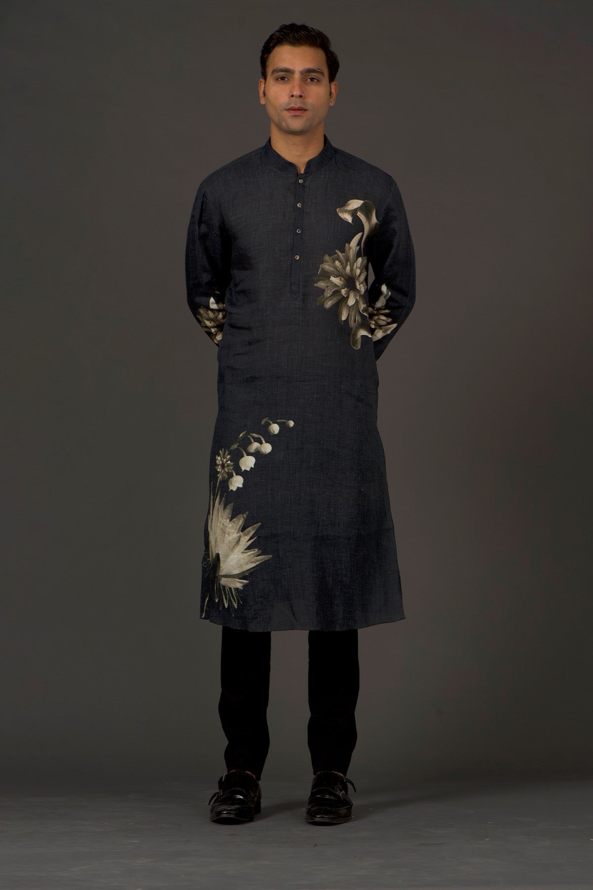 Men's Black Linen Printed Kurta Set