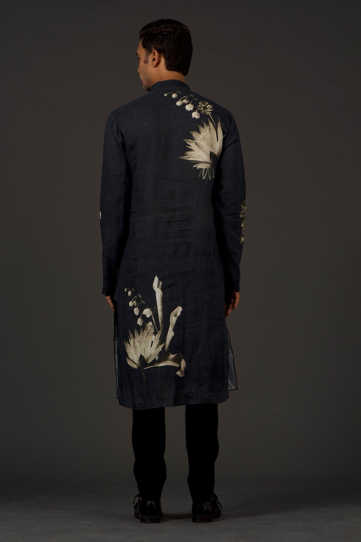 Men's Black Linen Printed Kurta Set