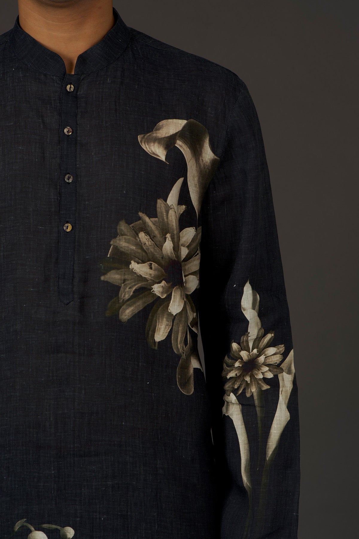 Men's Black Linen Printed Kurta Set