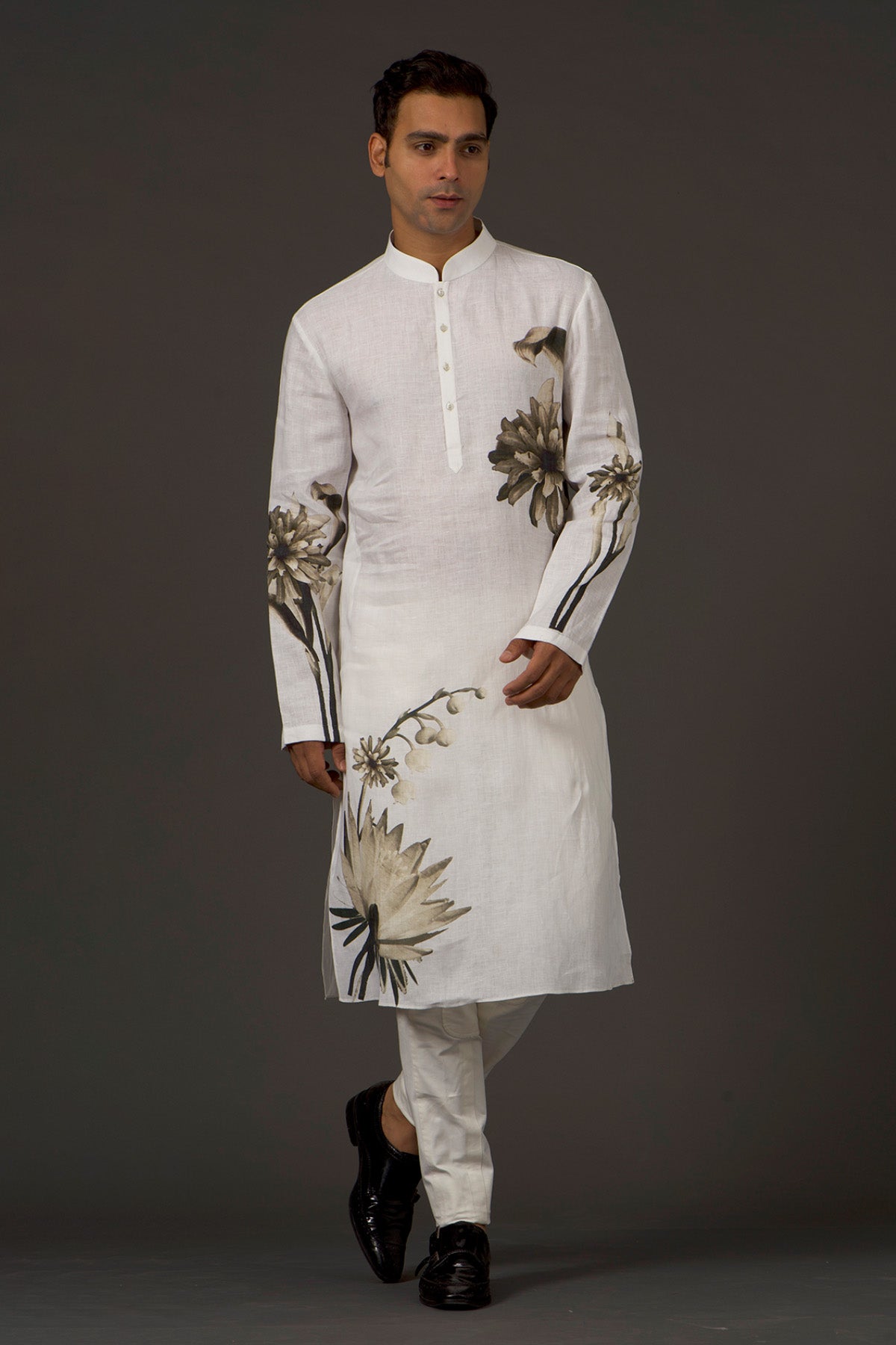 Men's Ivory Linen Printed Kurta Set