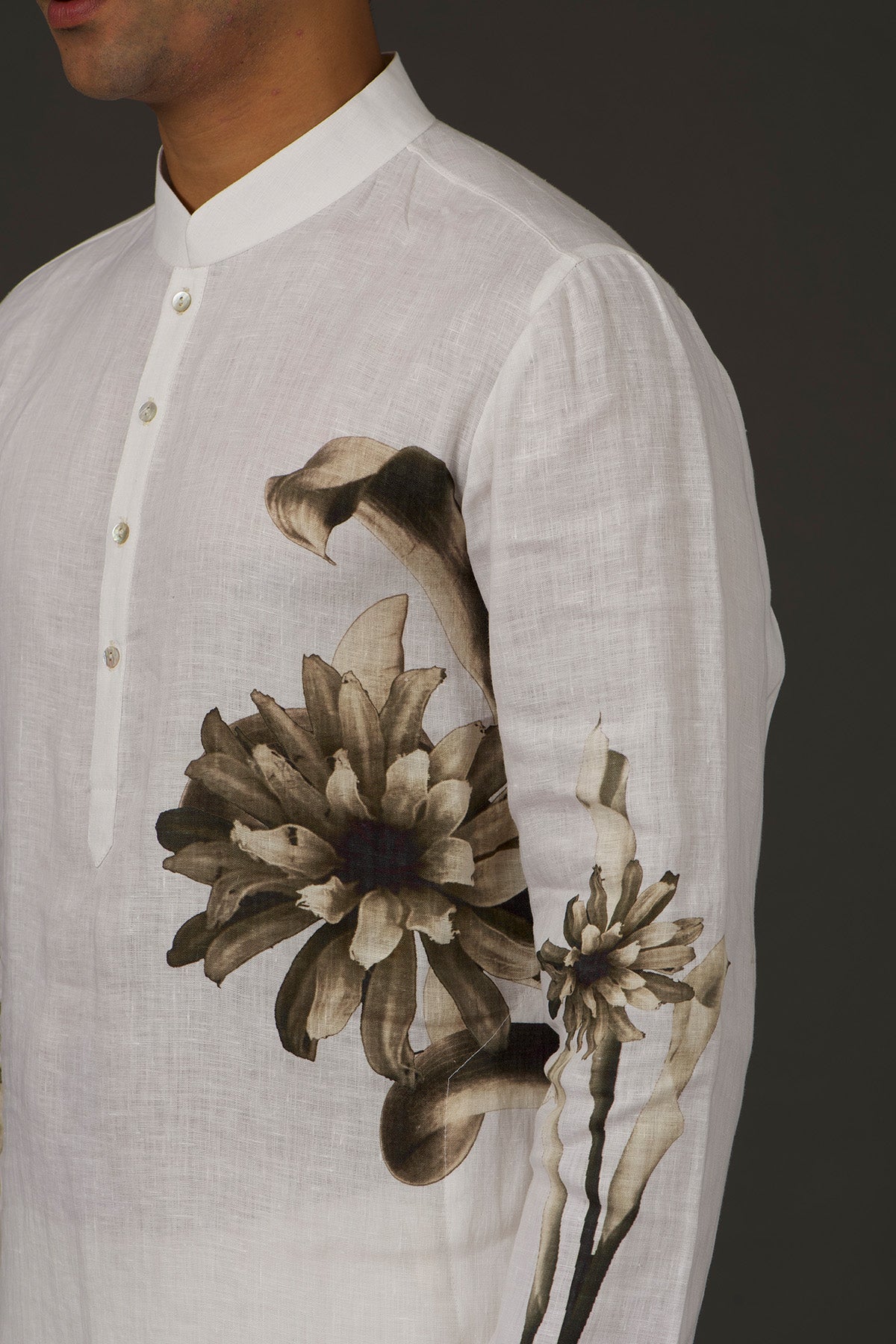 Men's Ivory Linen Printed Kurta Set