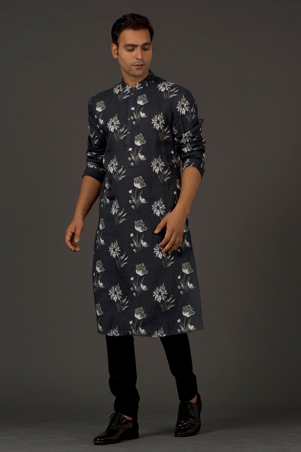 Black Linen Printed Kurta With Cotton Churidar