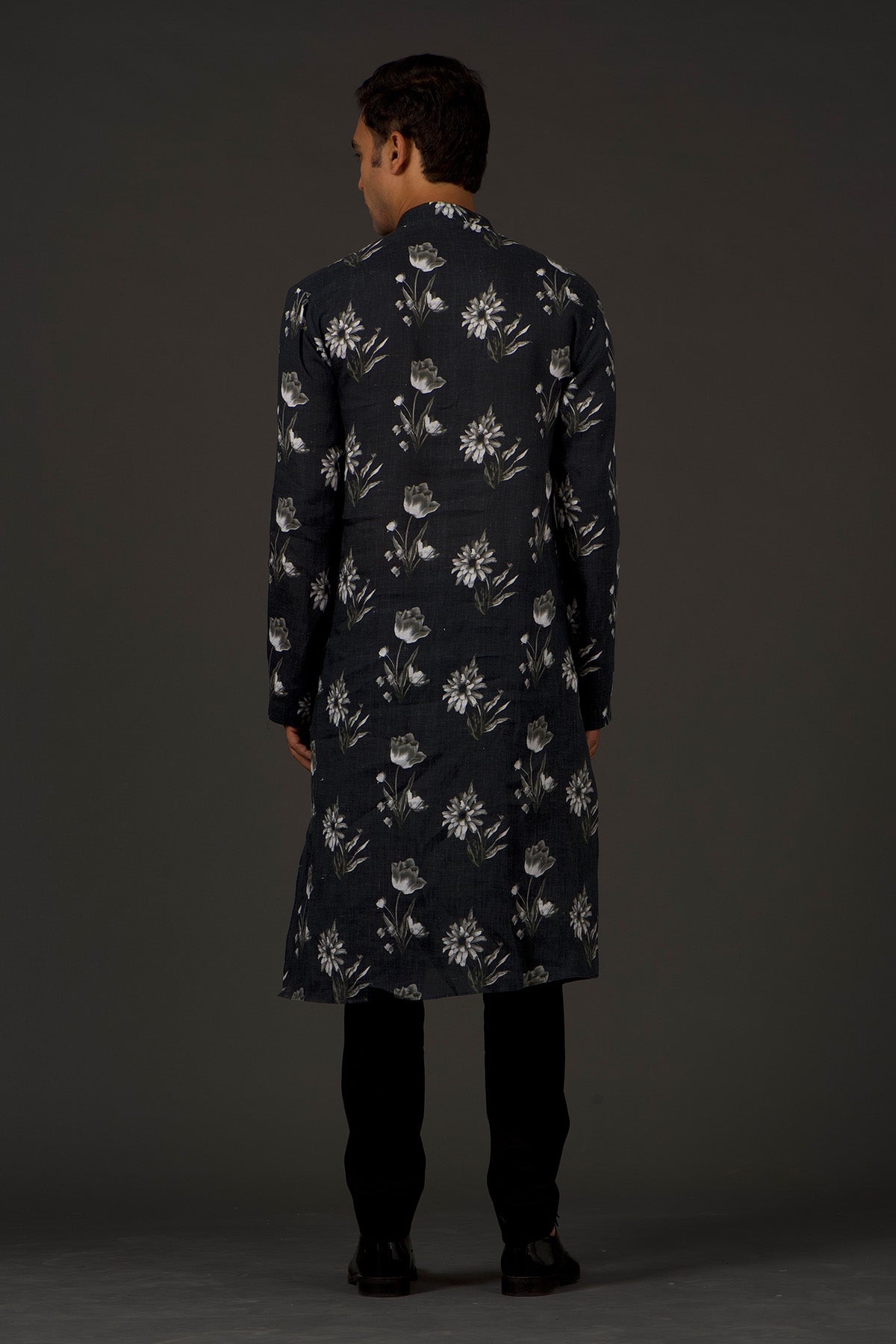 Black Linen Printed Kurta With Cotton Churidar
