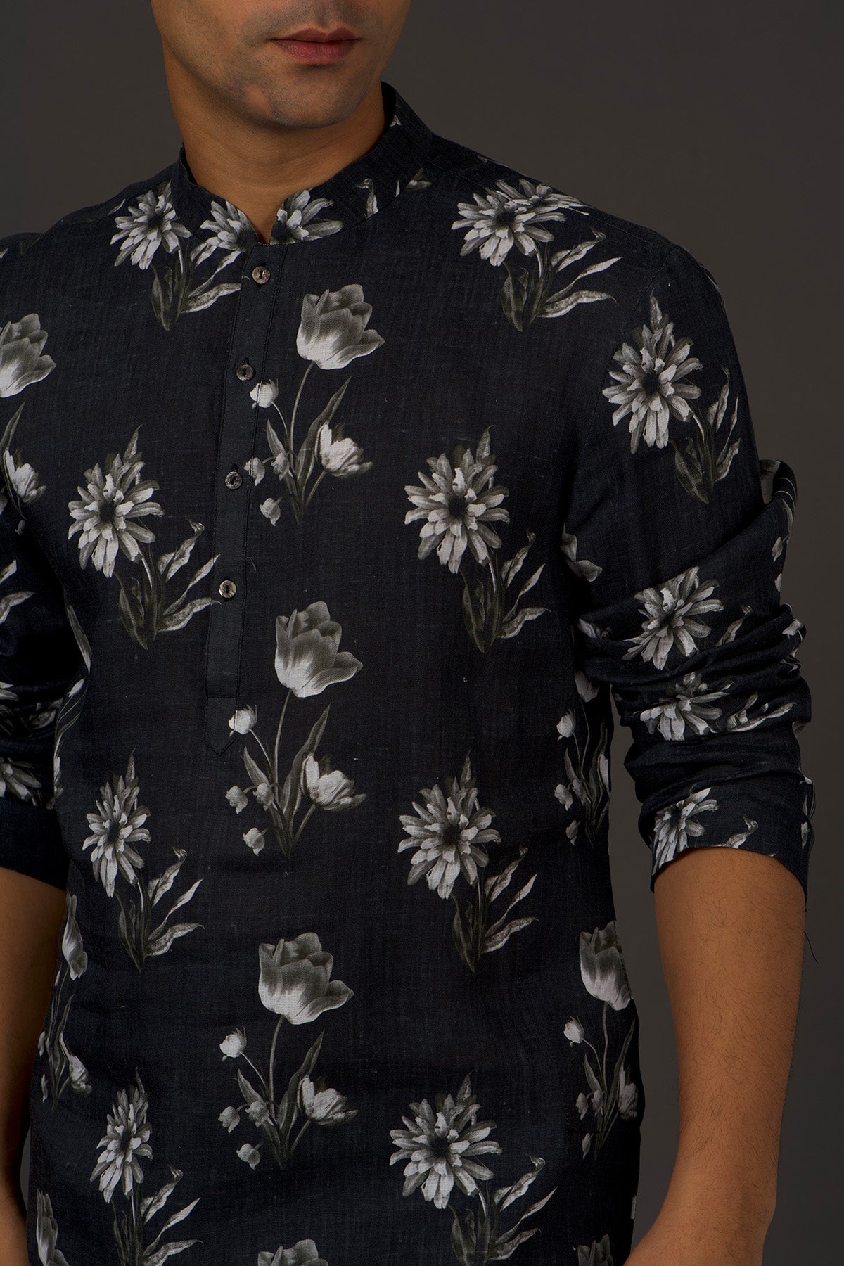 Black Linen Printed Kurta With Cotton Churidar