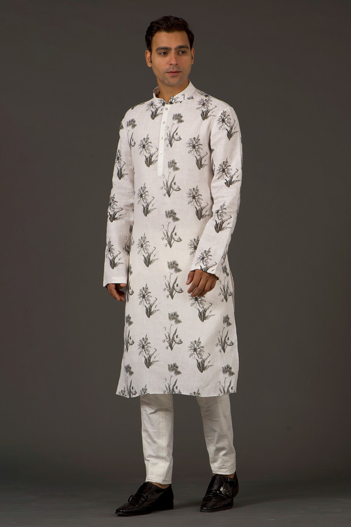 Ivory Linen Printed Kurta With Cotton Churidar
