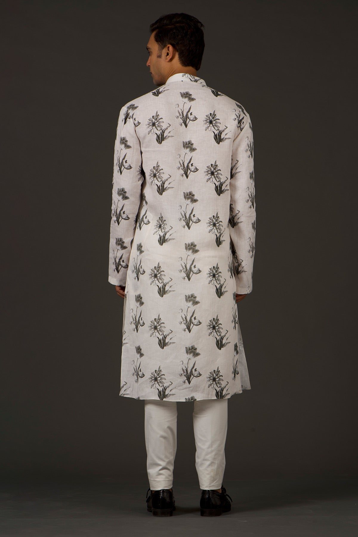 Ivory Linen Printed Kurta With Cotton Churidar